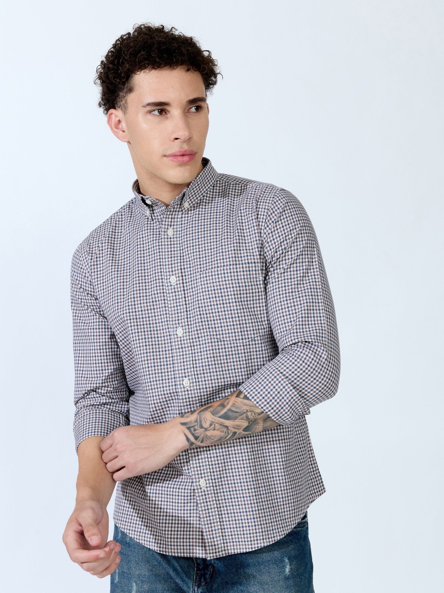 Saran - Turkish Fit Mini Checks Shirt - Brown - Espanshe