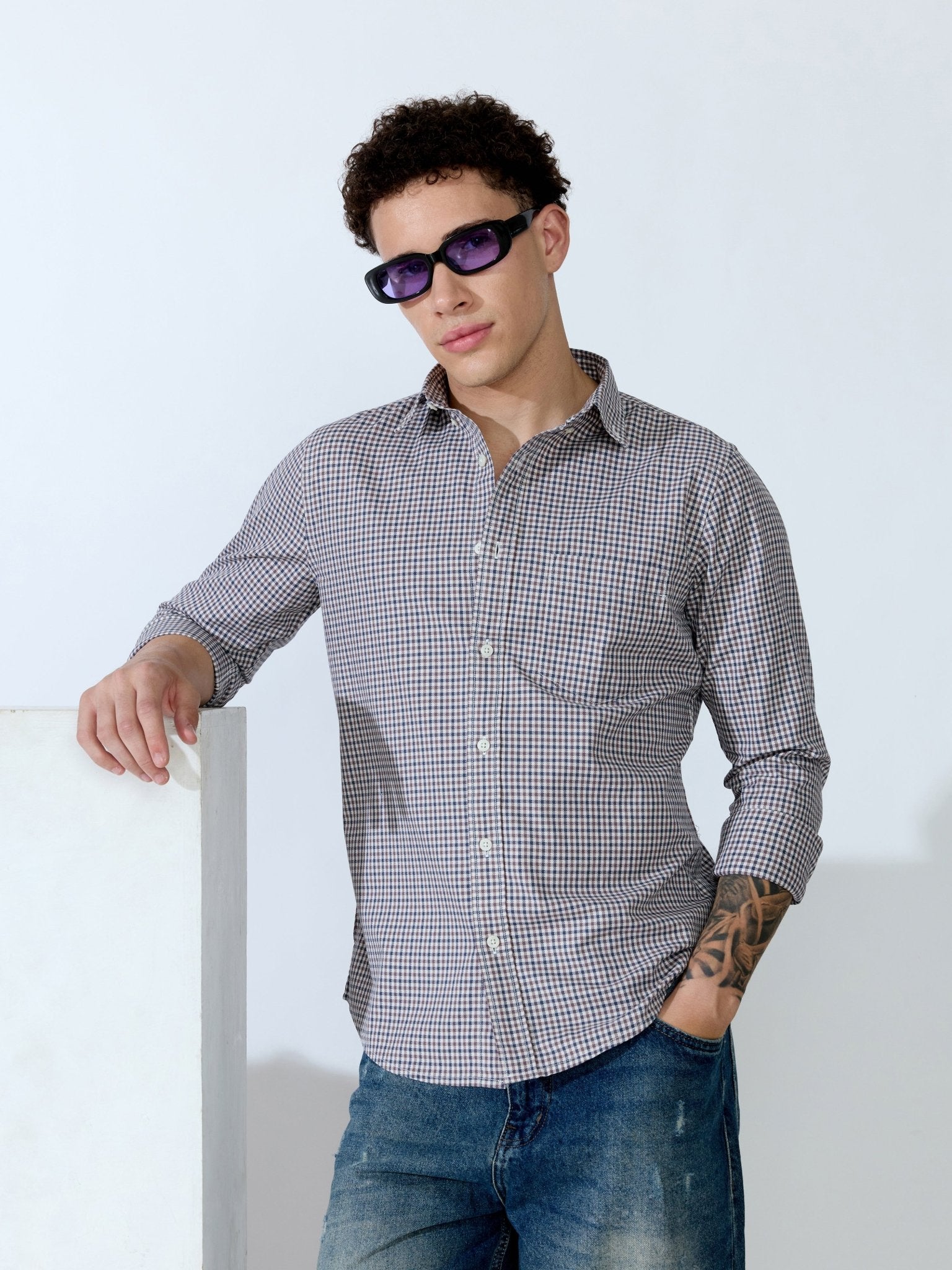 Saran - Turkish Fit Mini Checks Shirt - Brown - Espanshe