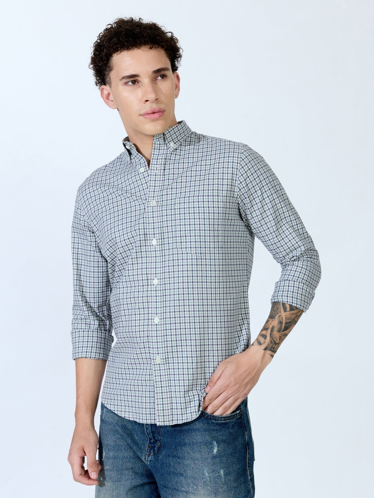 Saran - Turkish Fit Mini Checks Shirt - Light Green - Espanshe