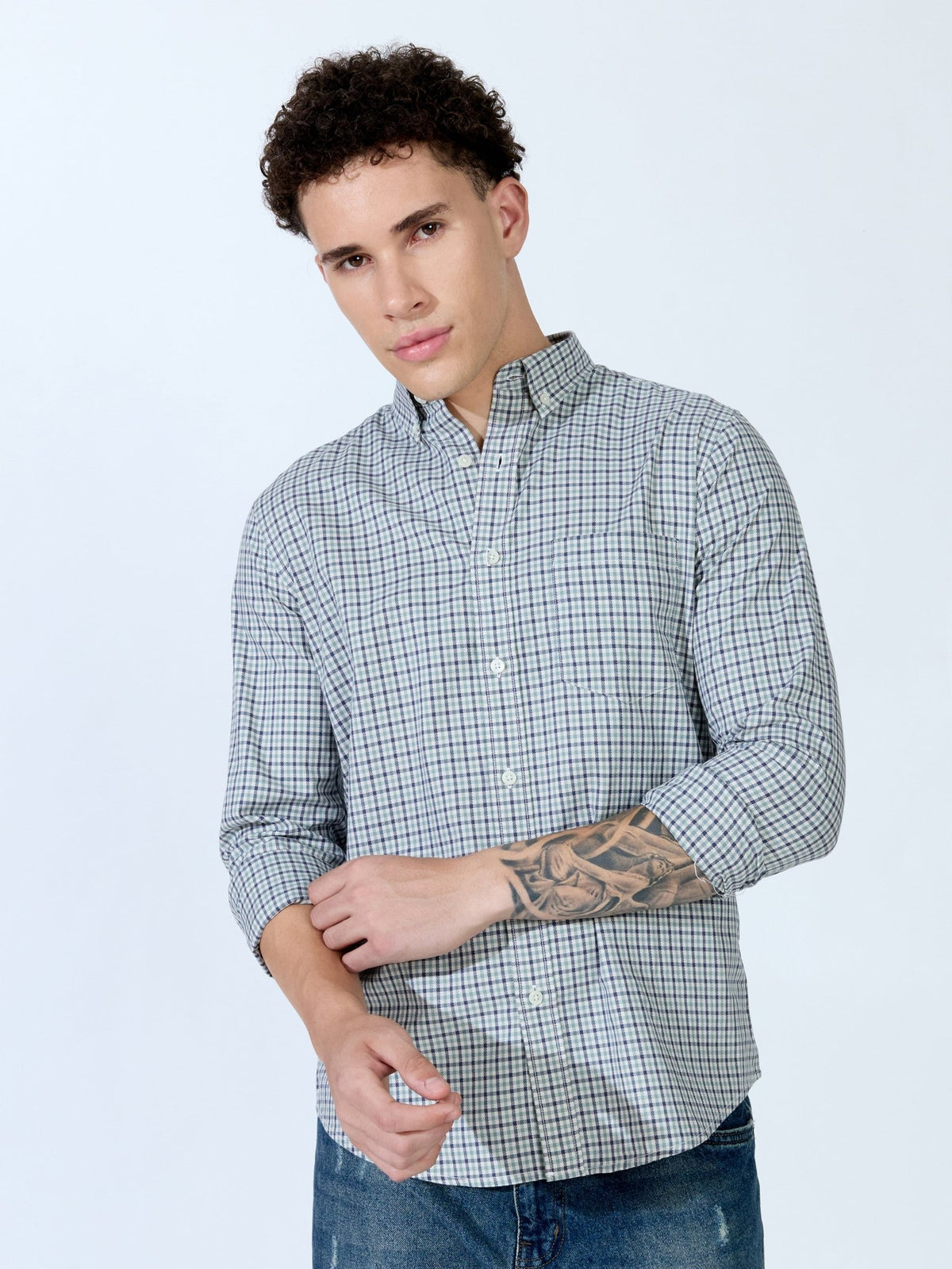 Saran - Turkish Fit Mini Checks Shirt - Light Green - Espanshe