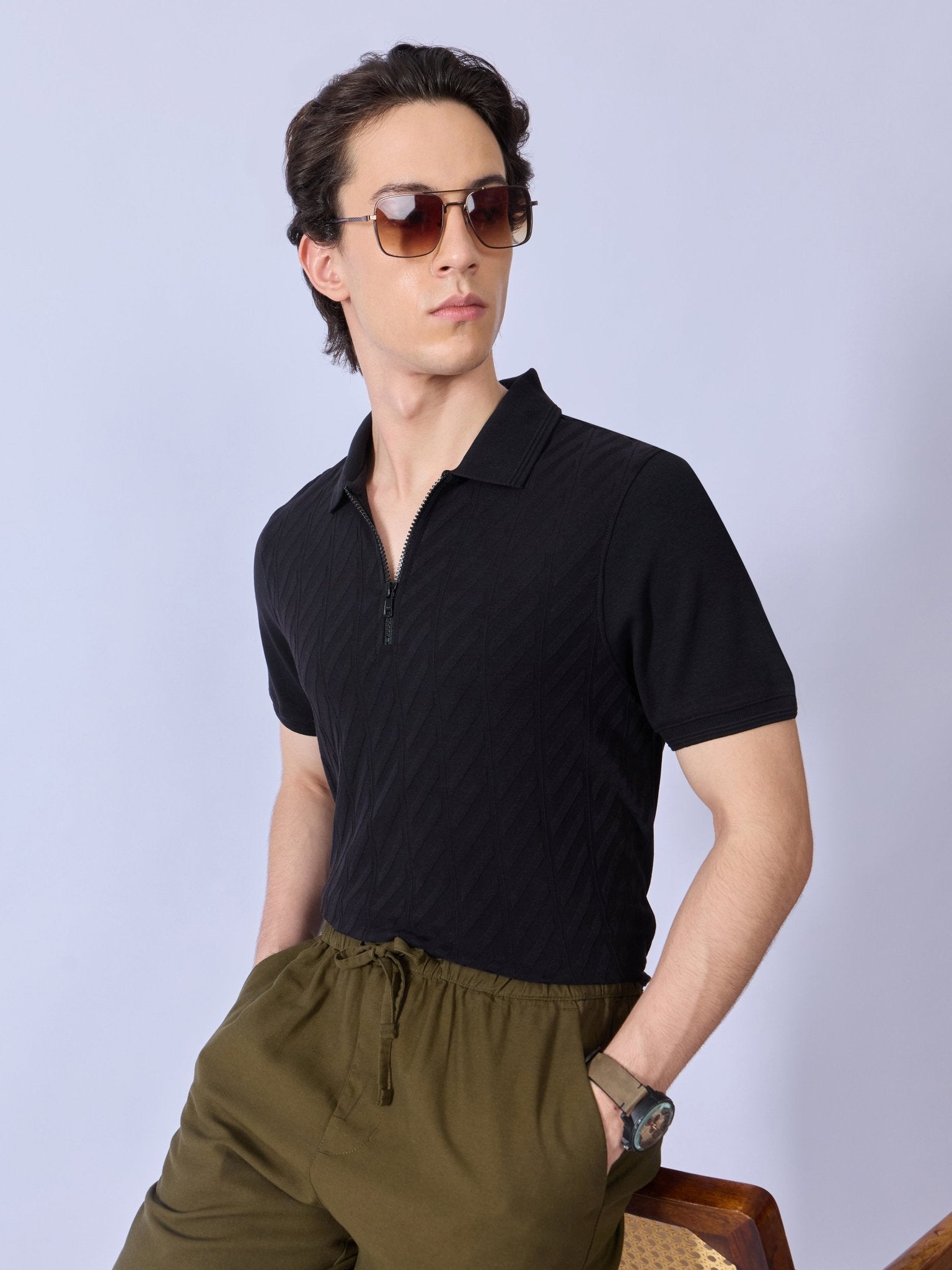 Todo - Jacquard Half-Zip Polo T-Shirt – Black - Espanshe