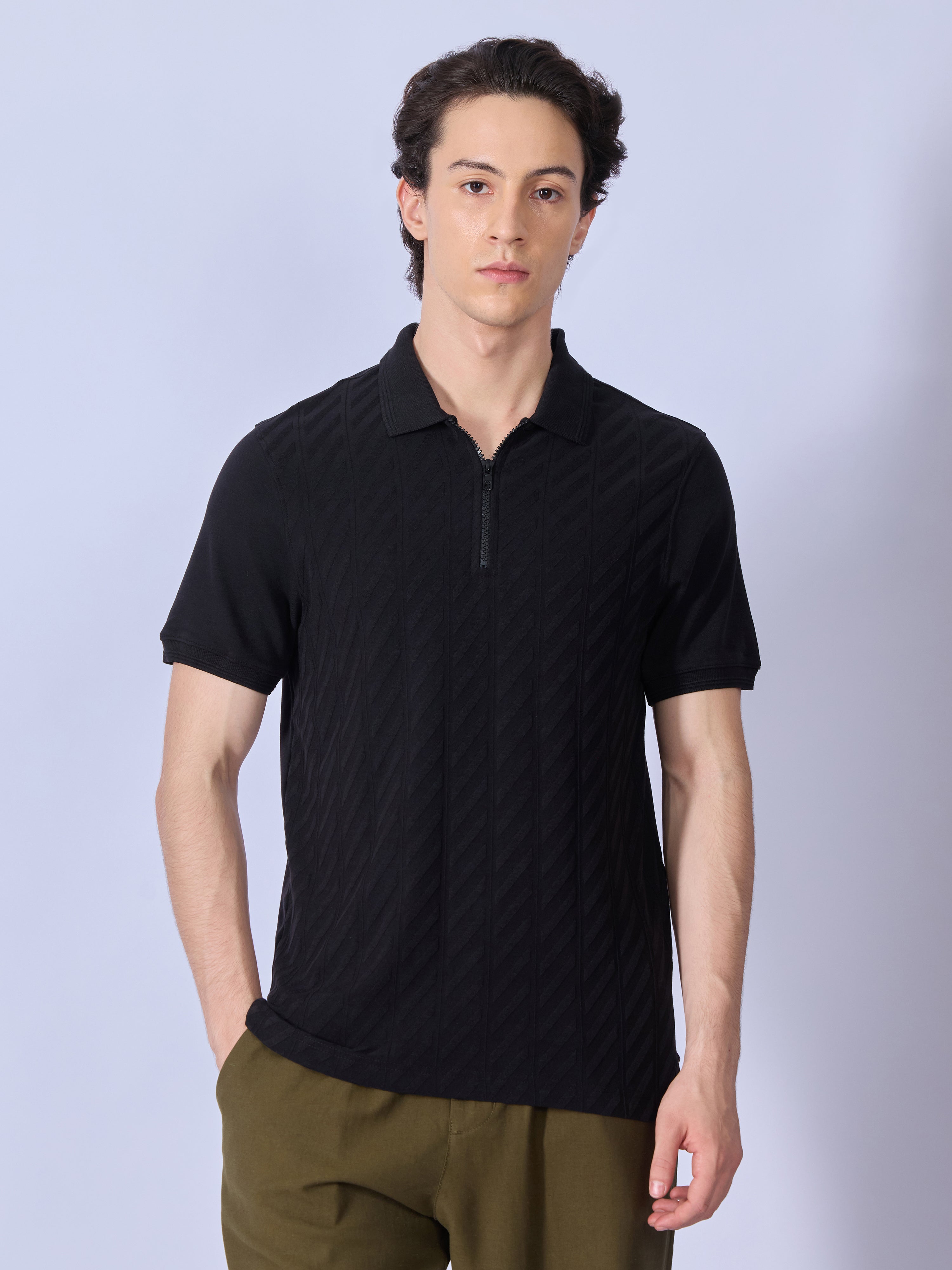 Todo - Jacquard Half-Zip Polo T-Shirt – Black