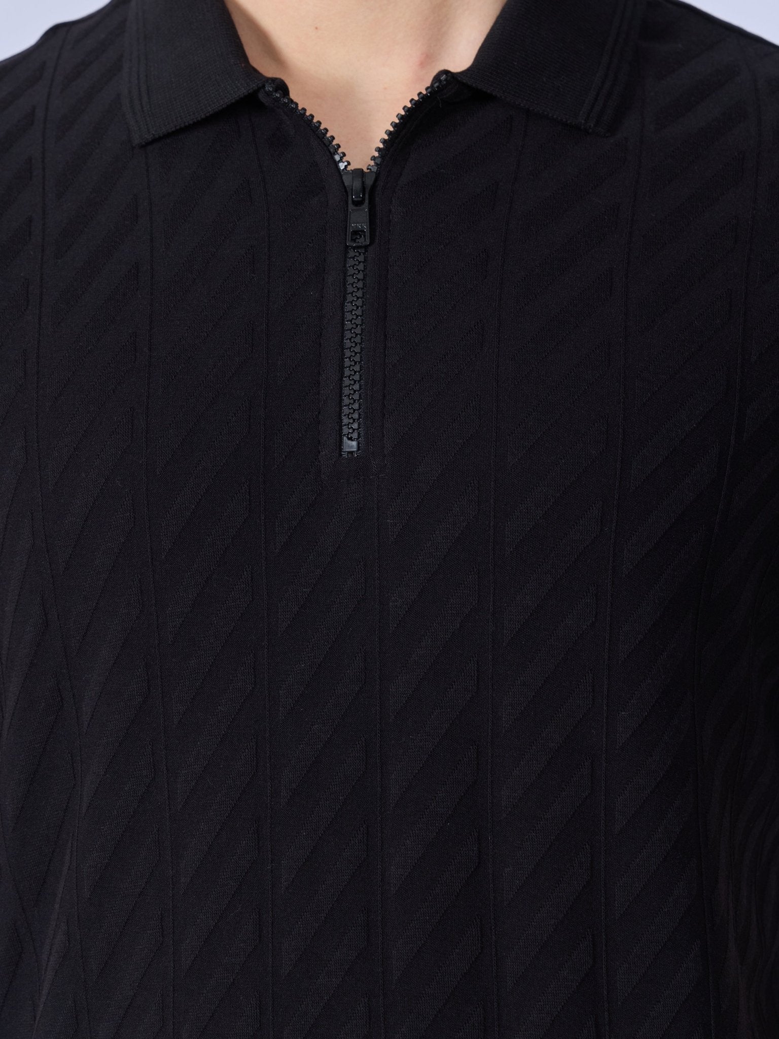Todo - Jacquard Half-Zip Polo T-Shirt – Black - Espanshe
