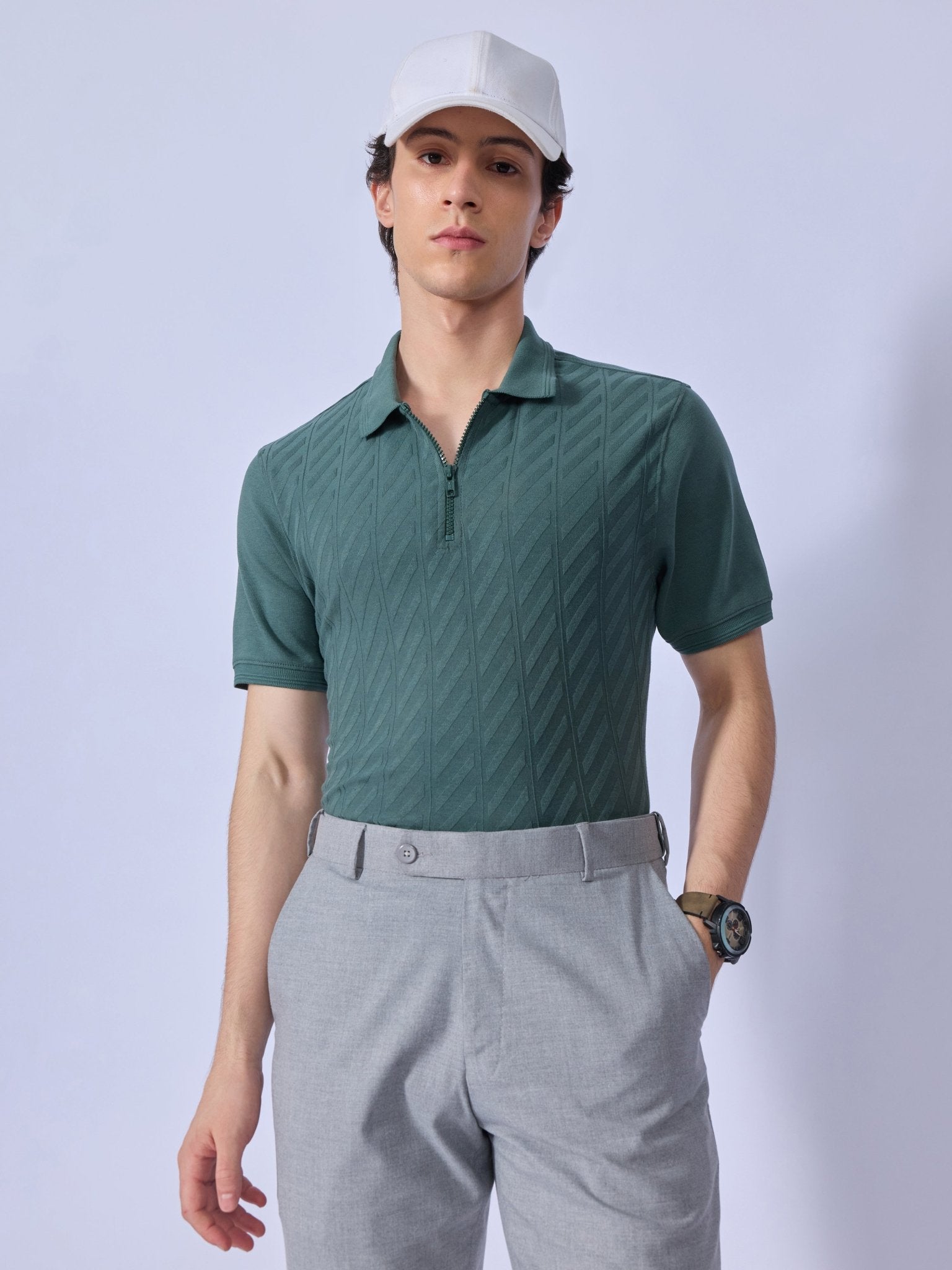 Todo - Jacquard Half-Zip Polo T-Shirt – Green - Espanshe