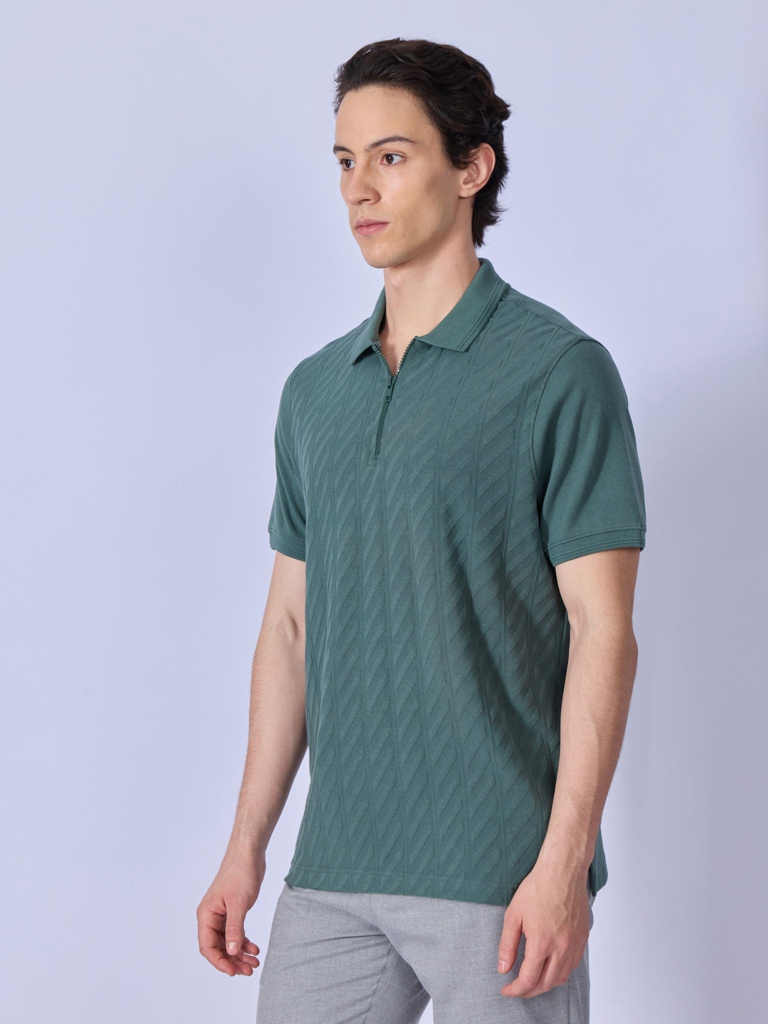Todo - Jacquard Half-Zip Polo T-Shirt – Green - Espanshe