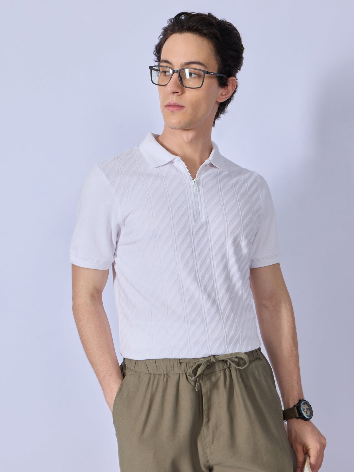 Todo - Jacquard Half-Zip Polo T-Shirt – White - Espanshe