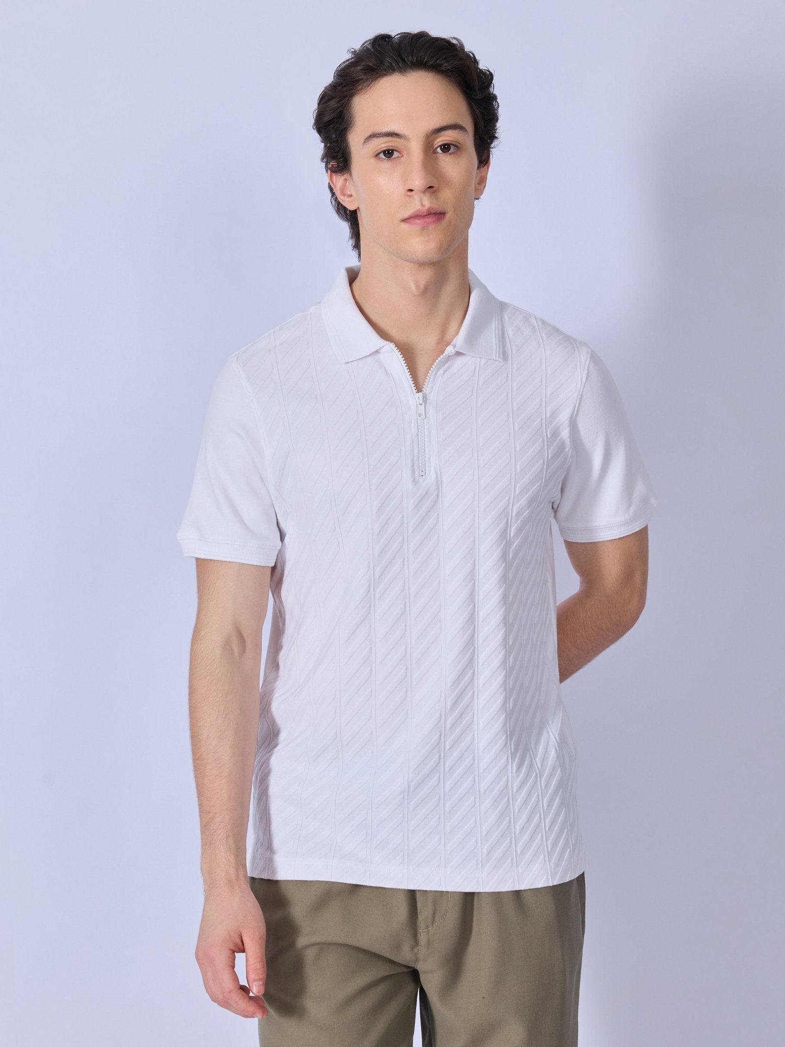 Todo - Jacquard Half-Zip Polo T-Shirt – White - Espanshe