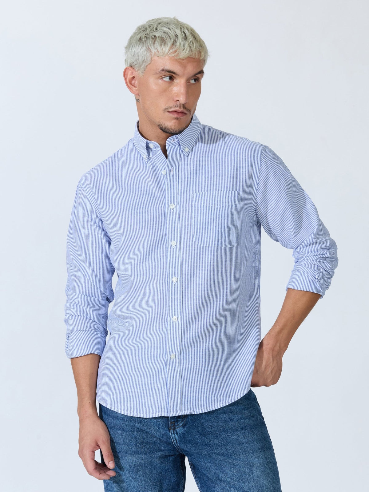 Vodo - Linen Micro Stripe Shirt - Blue - Espanshe