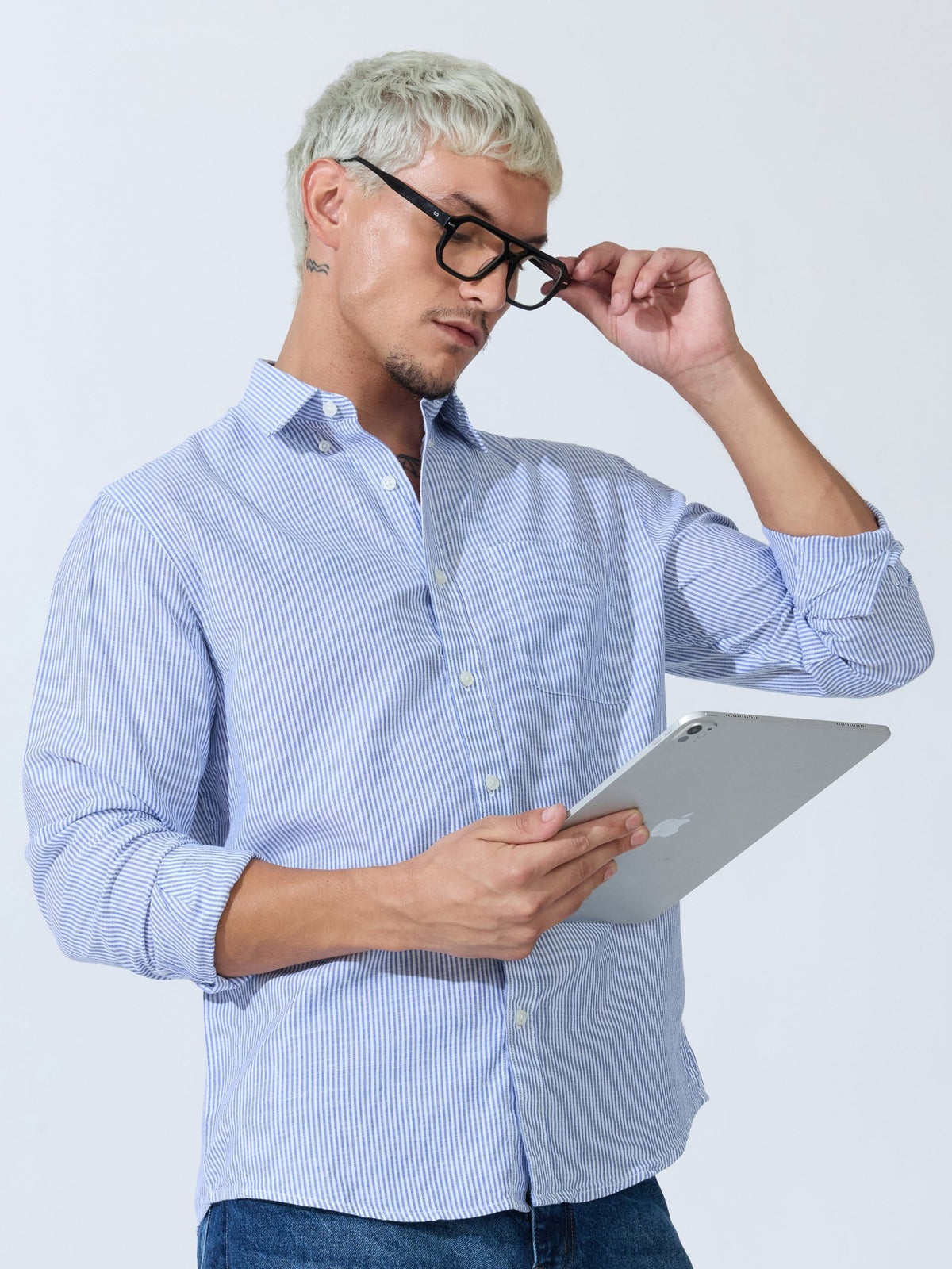 Vodo - Linen Micro Stripe Shirt - Blue - Espanshe