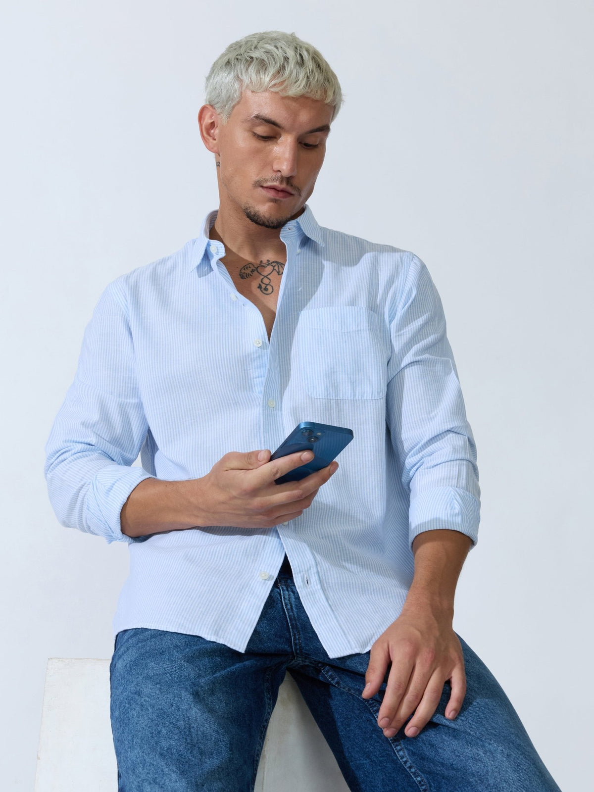 Vodo - Linen Micro Stripe Shirt - Light Blue - Espanshe