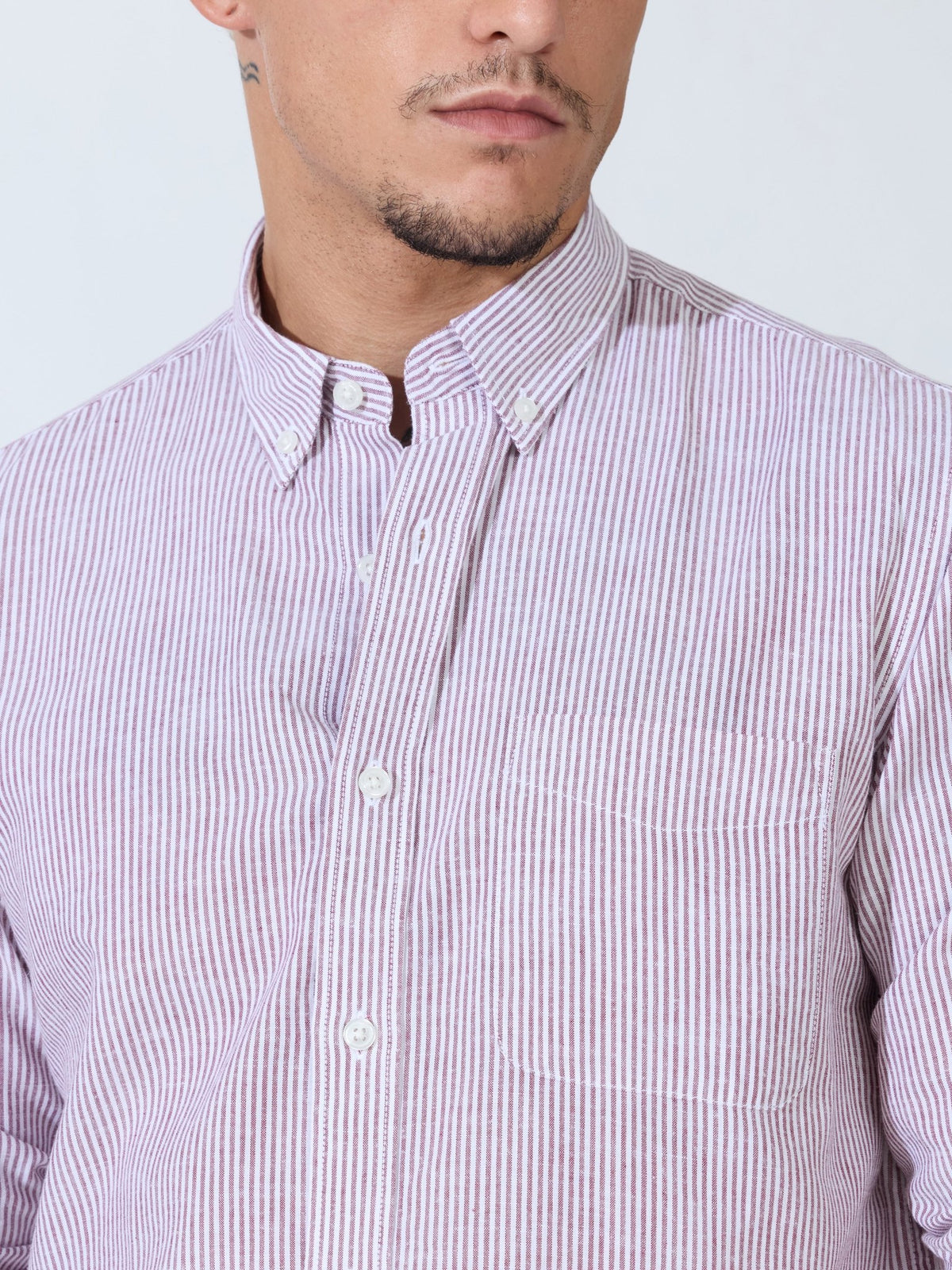 Vodo - Linen Micro Stripe Shirt - Wine - Espanshe