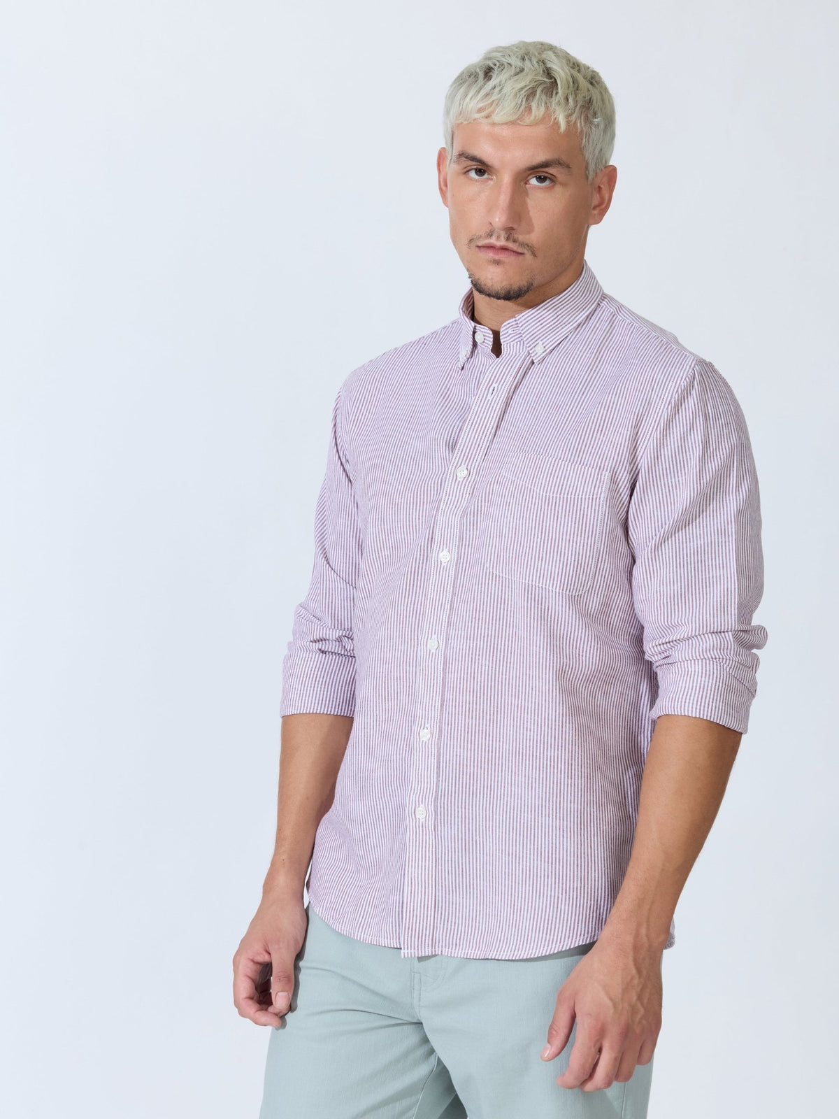 Vodo - Linen Micro Stripe Shirt - Wine - Espanshe