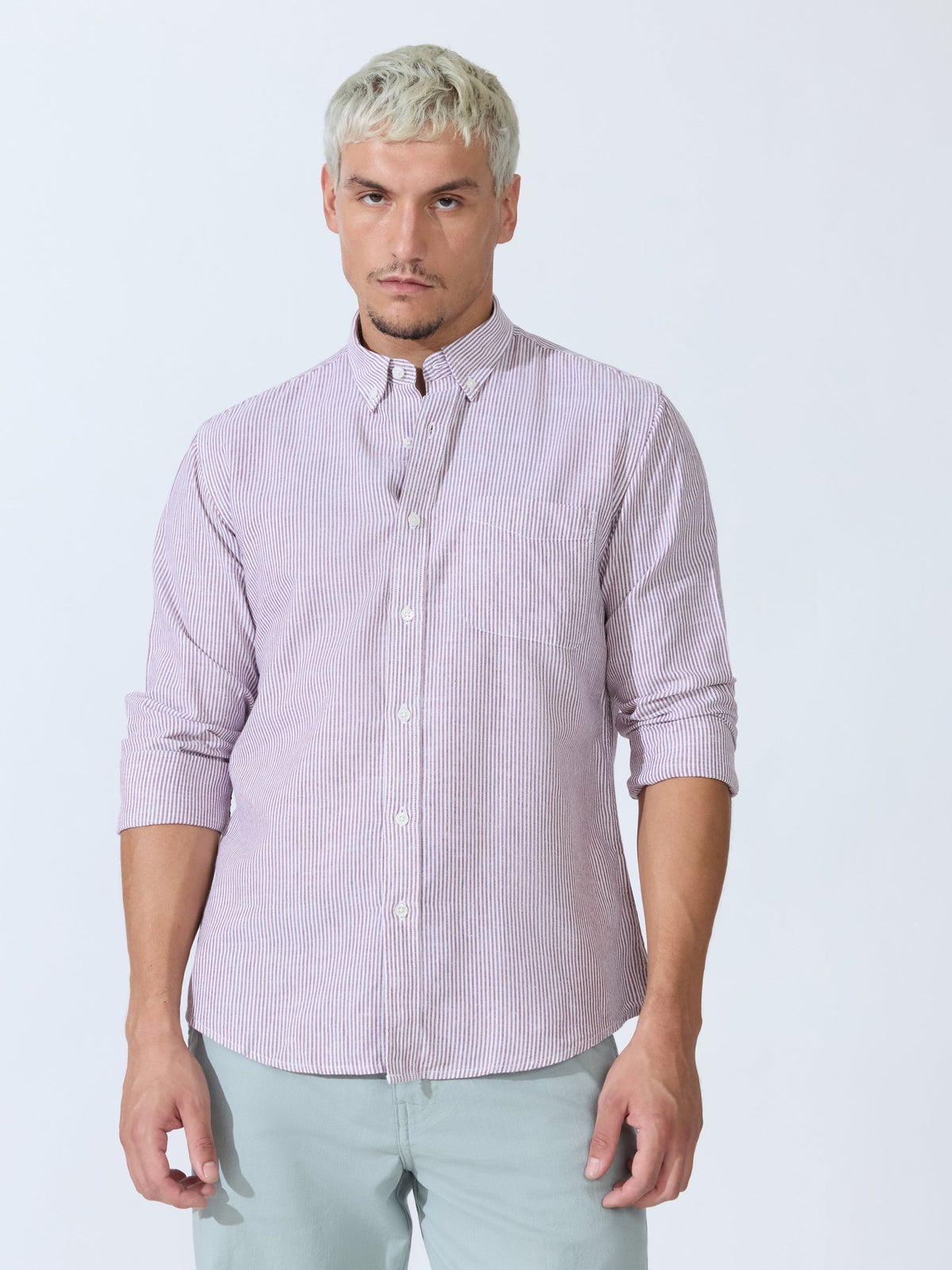Vodo - Linen Micro Stripe Shirt - Wine - Espanshe