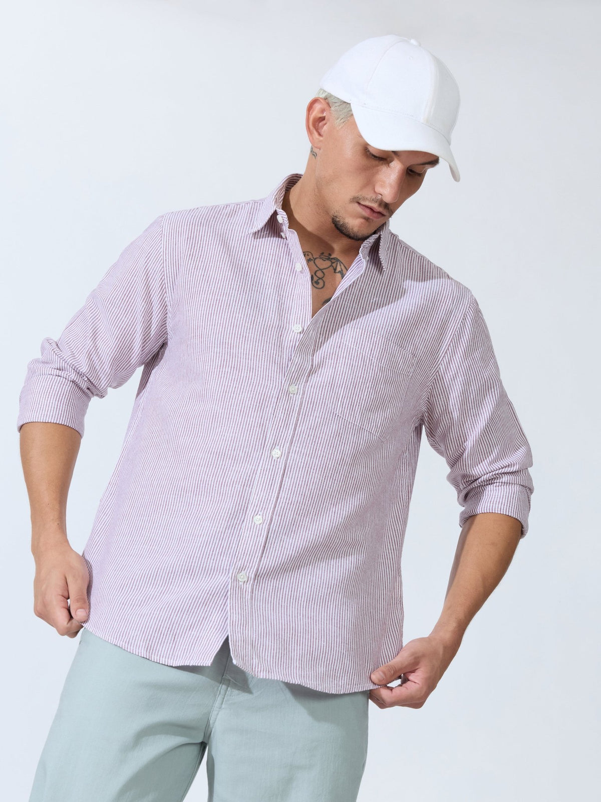 Vodo - Linen Micro Stripe Shirt - Wine - Espanshe