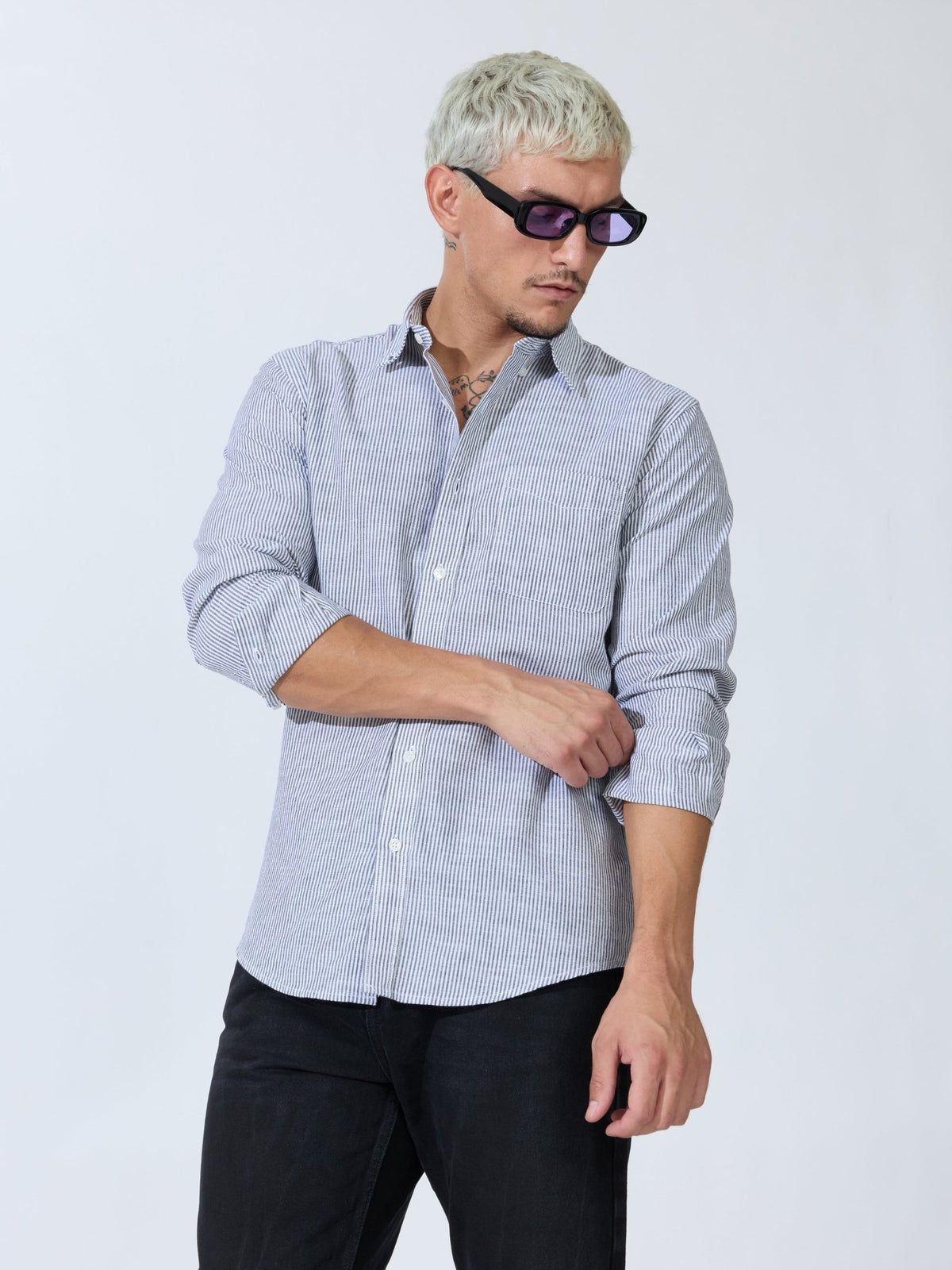 Vodo - Linen Micro Stripe Shirt - Grey - Espanshe