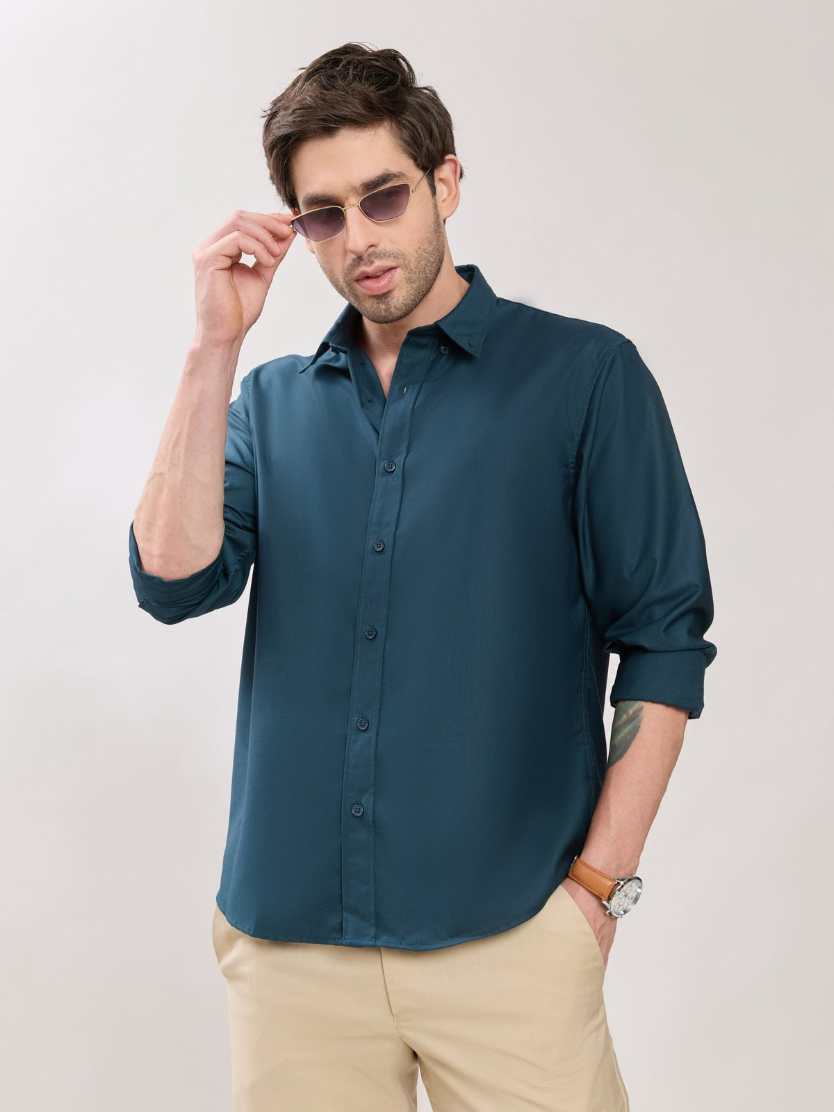 Vosha - Relaxed Fit Plain Shirt - Teal Blue - Espanshe