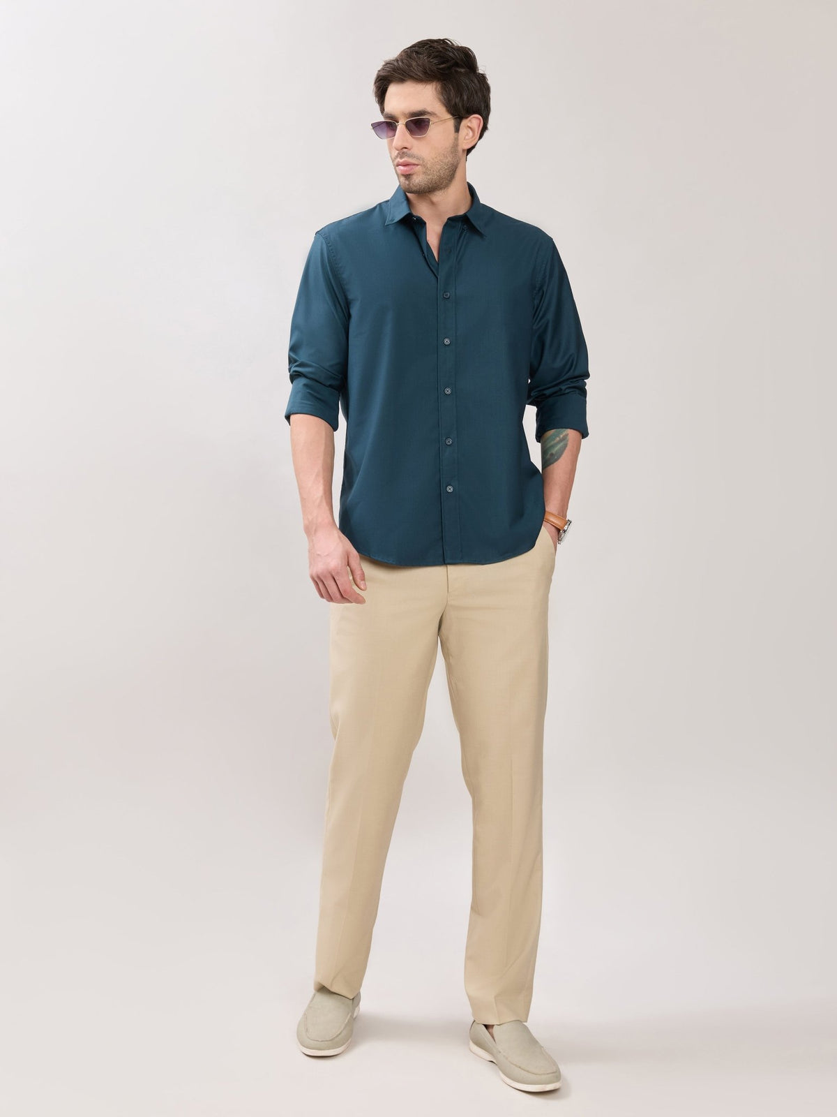 Vosha - Relaxed Fit Plain Shirt - Teal Blue - Espanshe