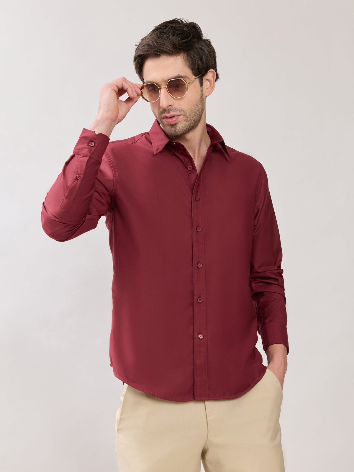 Vosha - Relaxed Fit Plain Shirt - Maroon - Espanshe