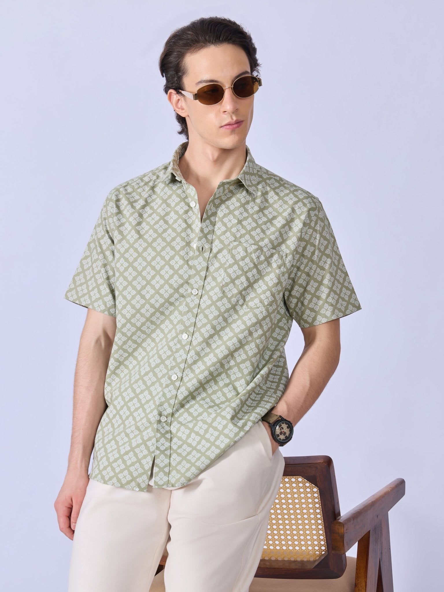 Vovomo - Half Sleeve Printed Shirt - Olive Green - Espanshe