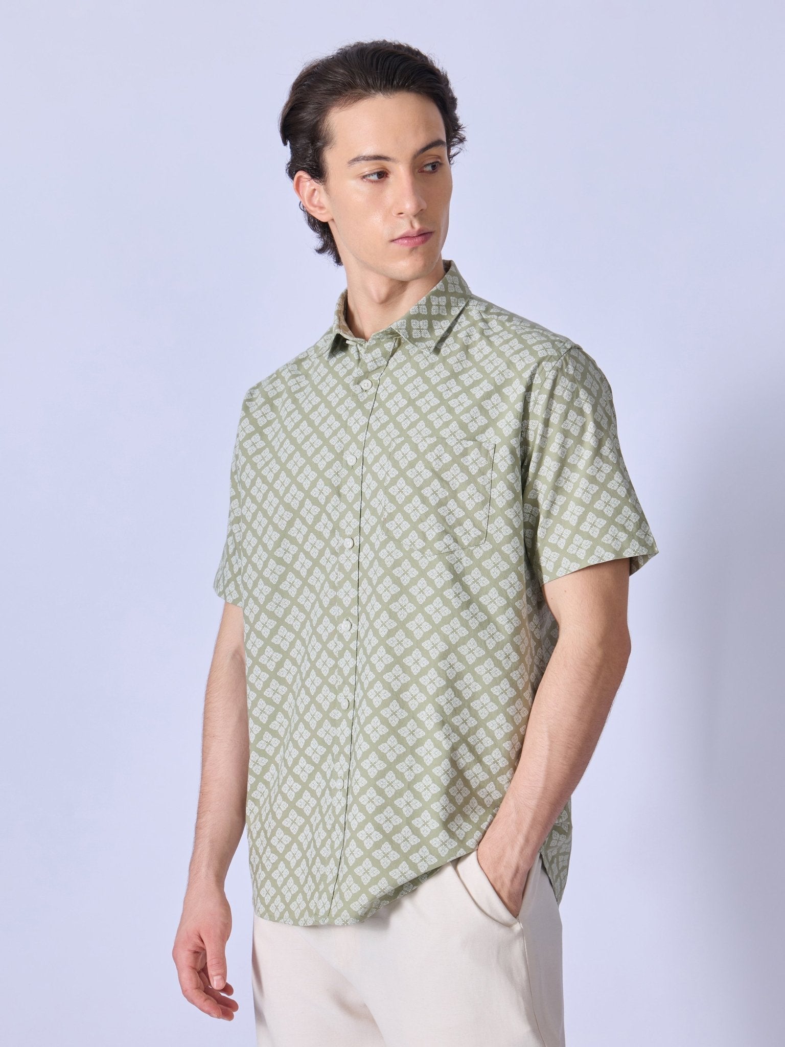Vovomo - Half Sleeve Printed Shirt - Olive Green - Espanshe