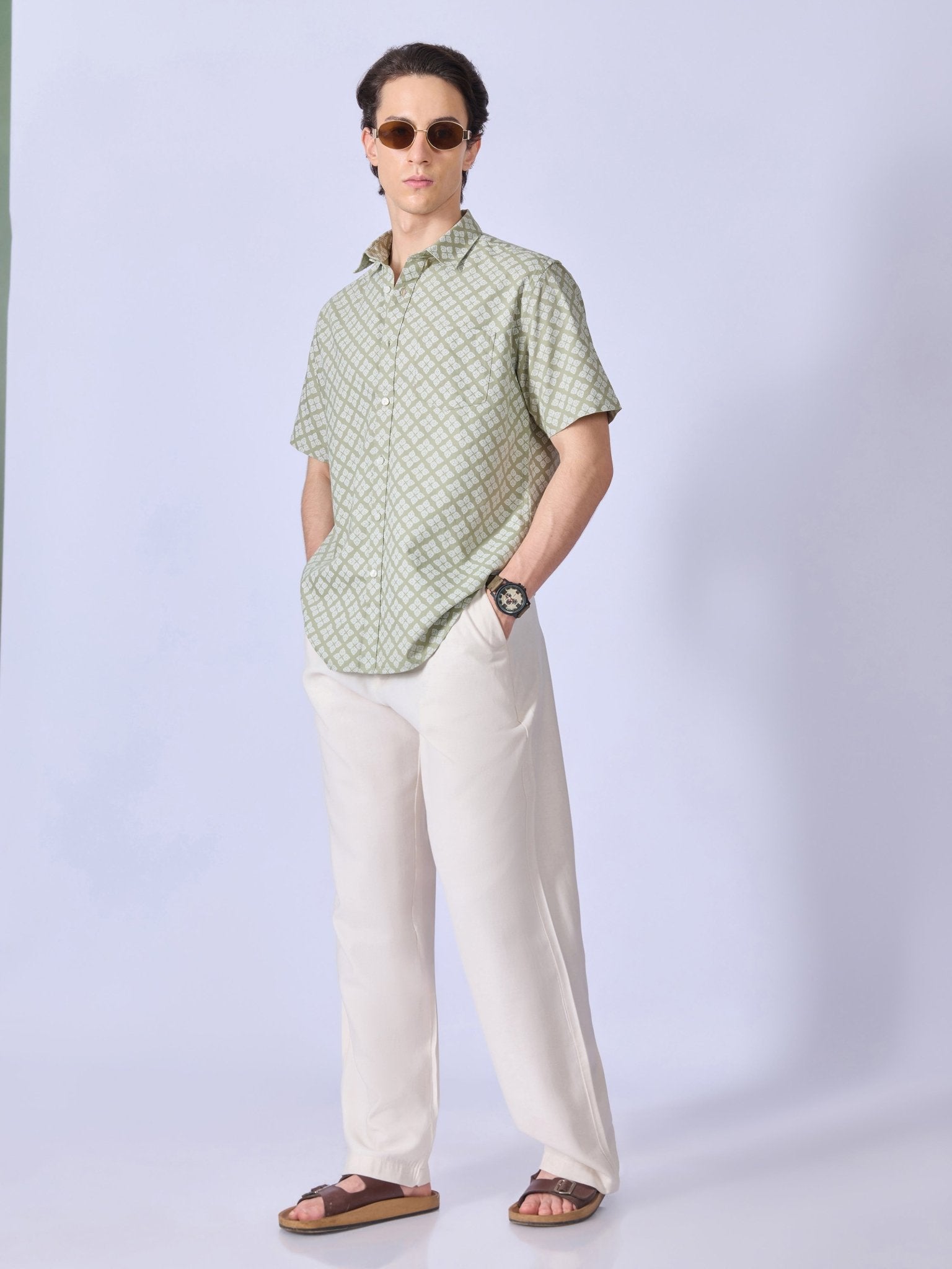 Vovomo - Half Sleeve Printed Shirt - Olive Green - Espanshe