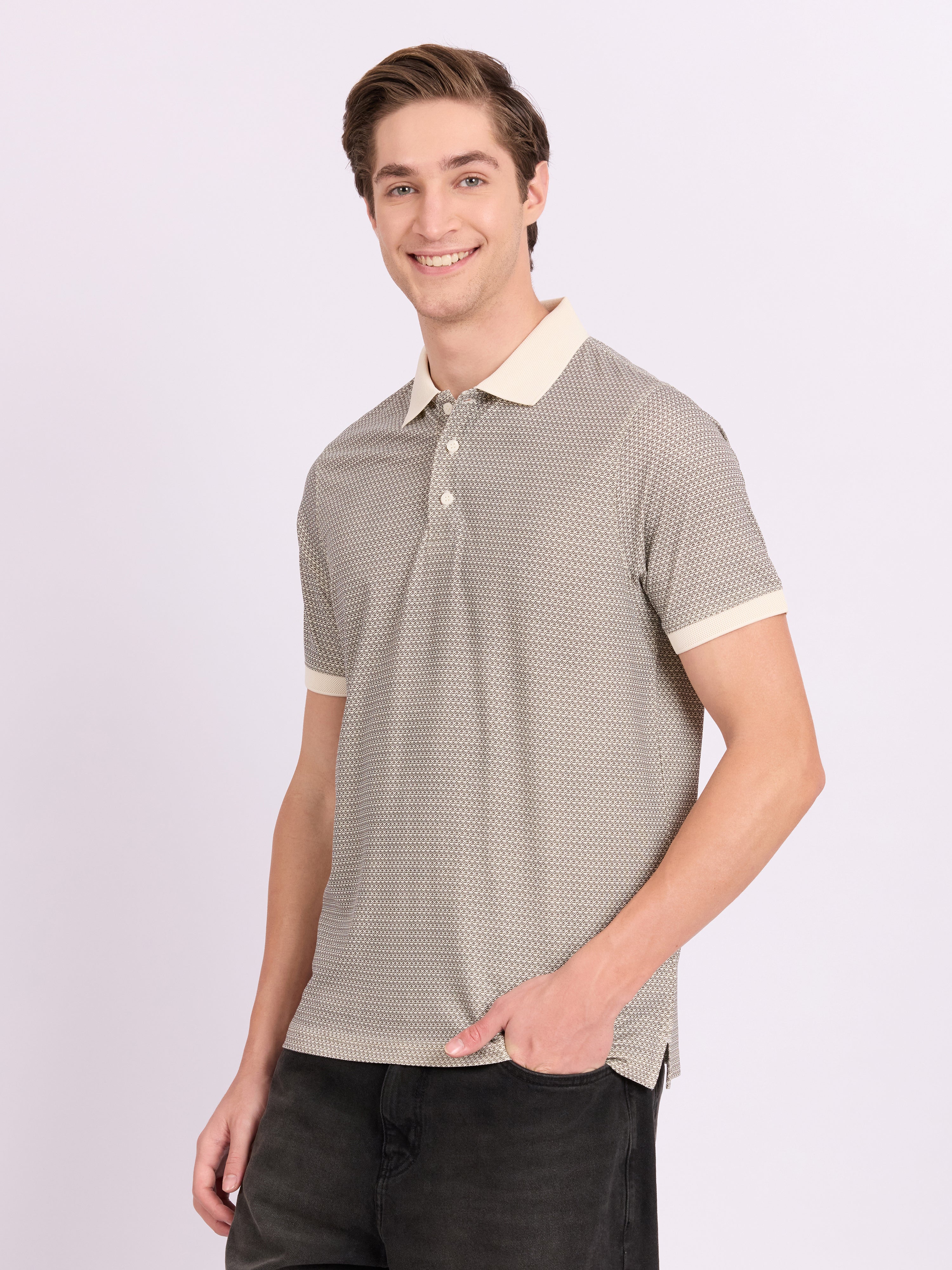 Xokeia - Regular Printed Polo T-Shirt - Light Beige