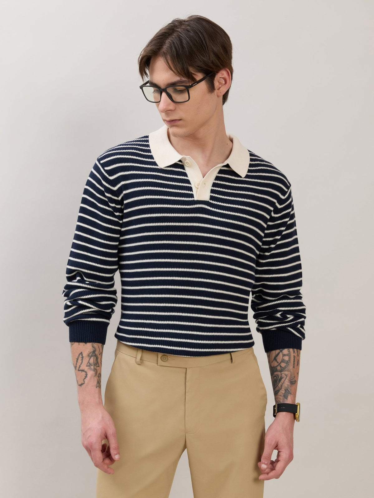 Xosio-2 - Regular Striped Knit Polo Sweater - Navy - Espanshe
