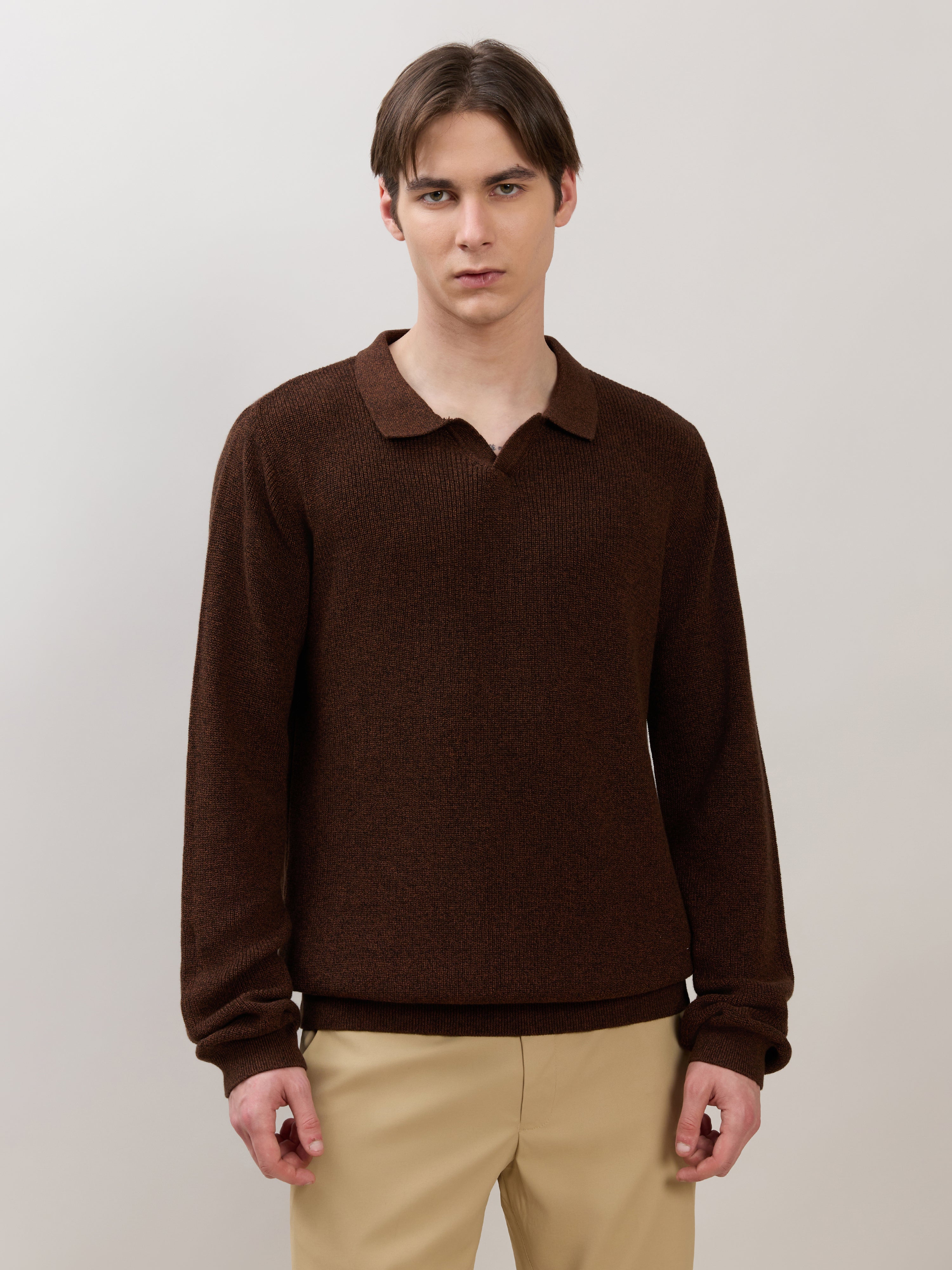 Xosio-1 - Regular Knitted Polo Sweater - Brown Black Grindle