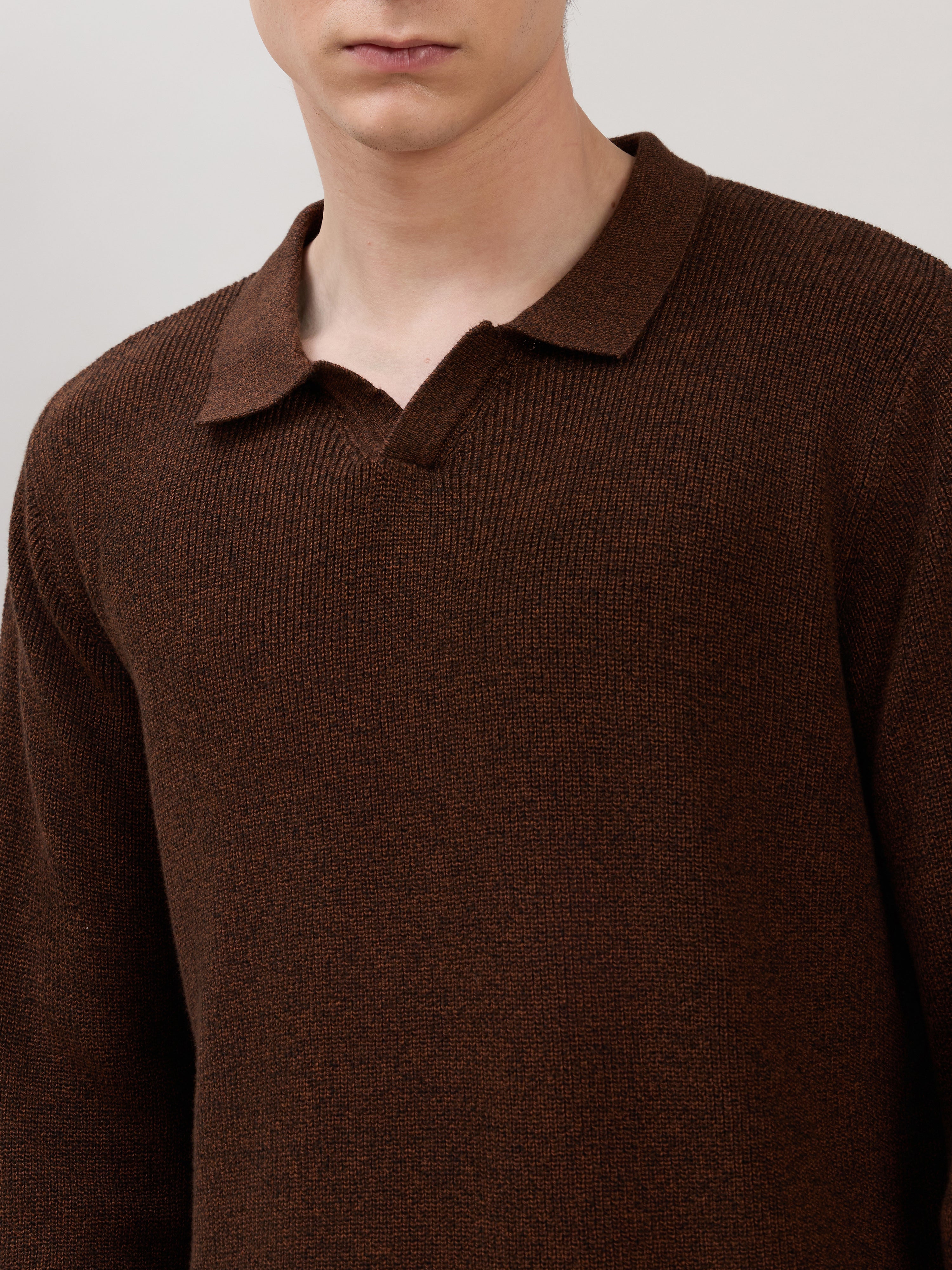 Xosio-1 - Regular Knitted Polo Sweater - Brown Black Grindle
