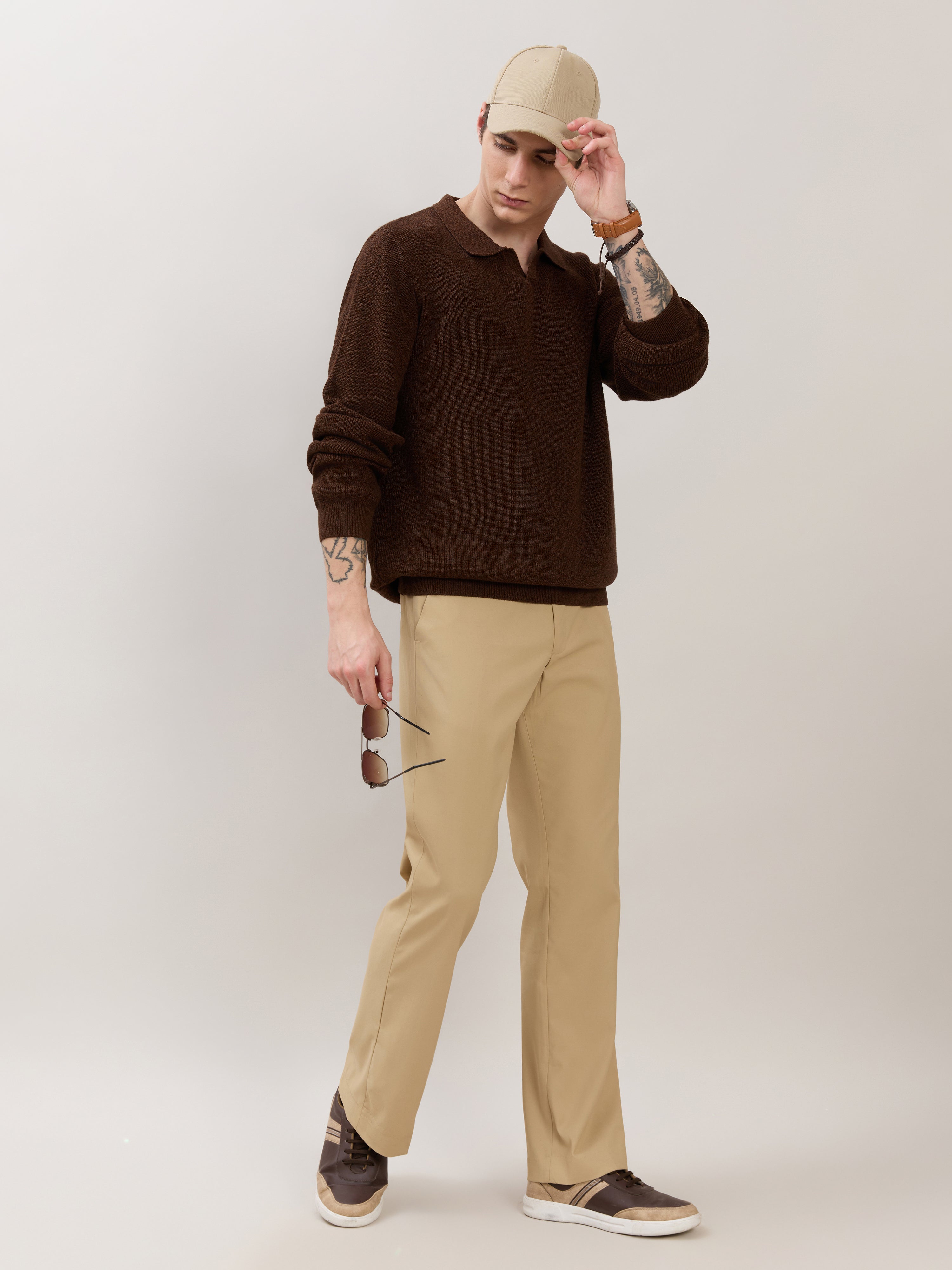 Xosio-1 - Regular Knitted Polo Sweater - Brown Black Grindle