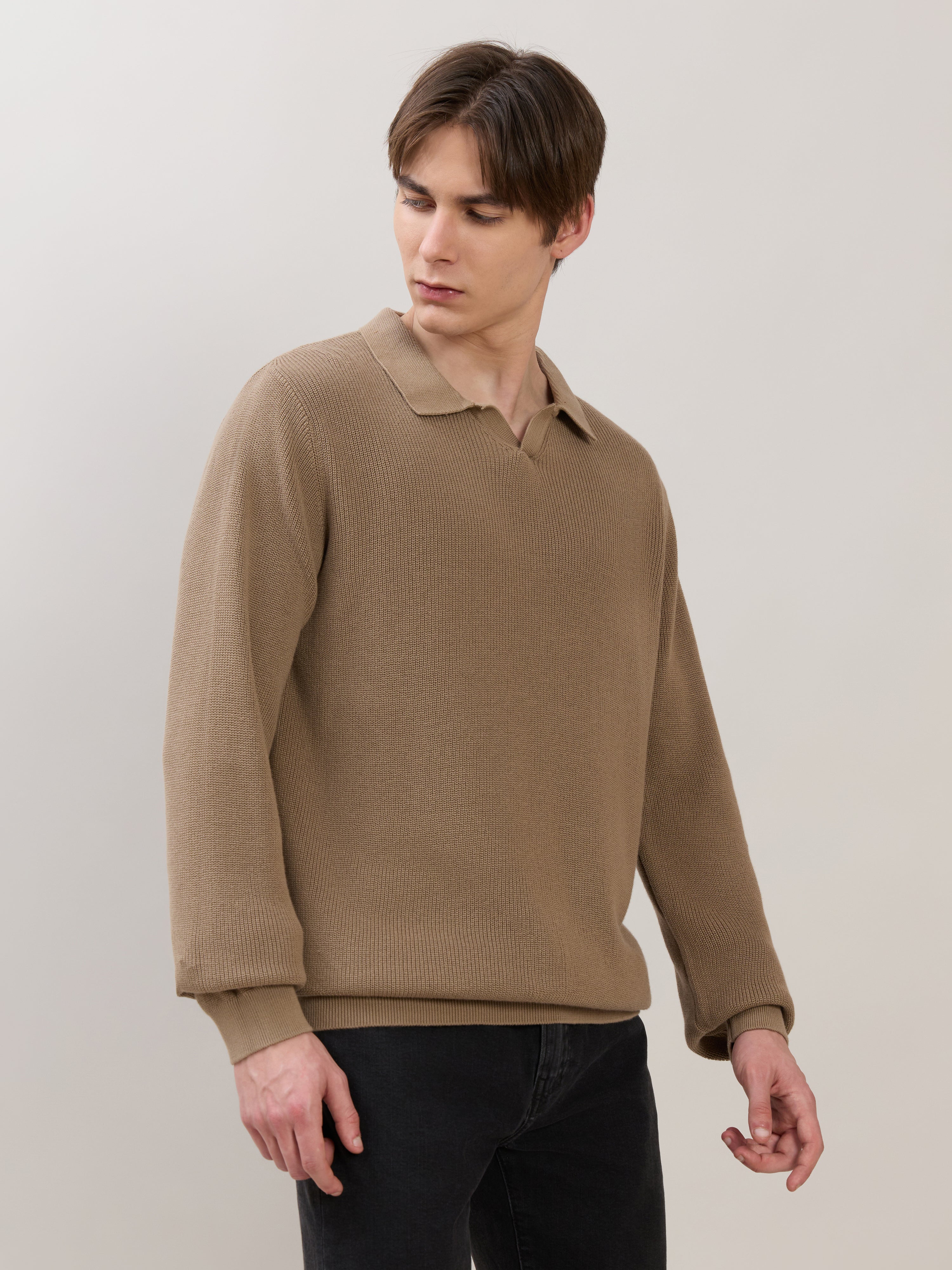 Xosio-1 - Regular Knitted Polo Sweater - Dark Beige