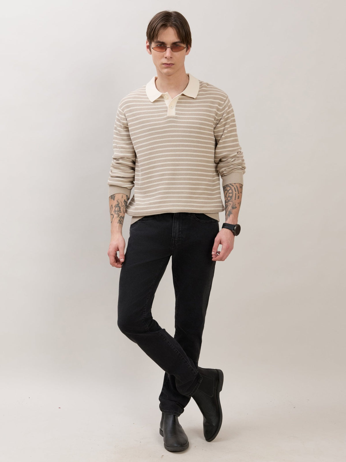 Xosio-2 - Regular Striped Knit Polo Sweater - Beige - Espanshe