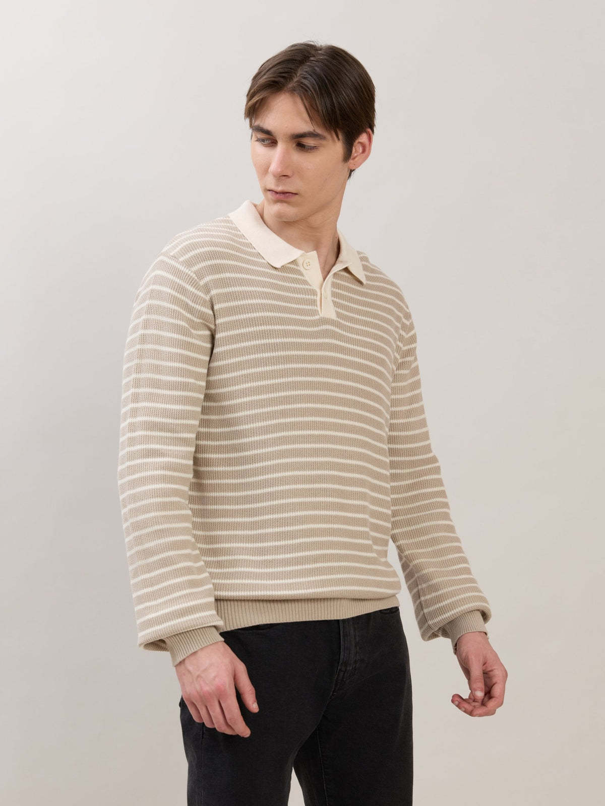 Xosio-2 - Regular Striped Knit Polo Sweater - Beige - Espanshe