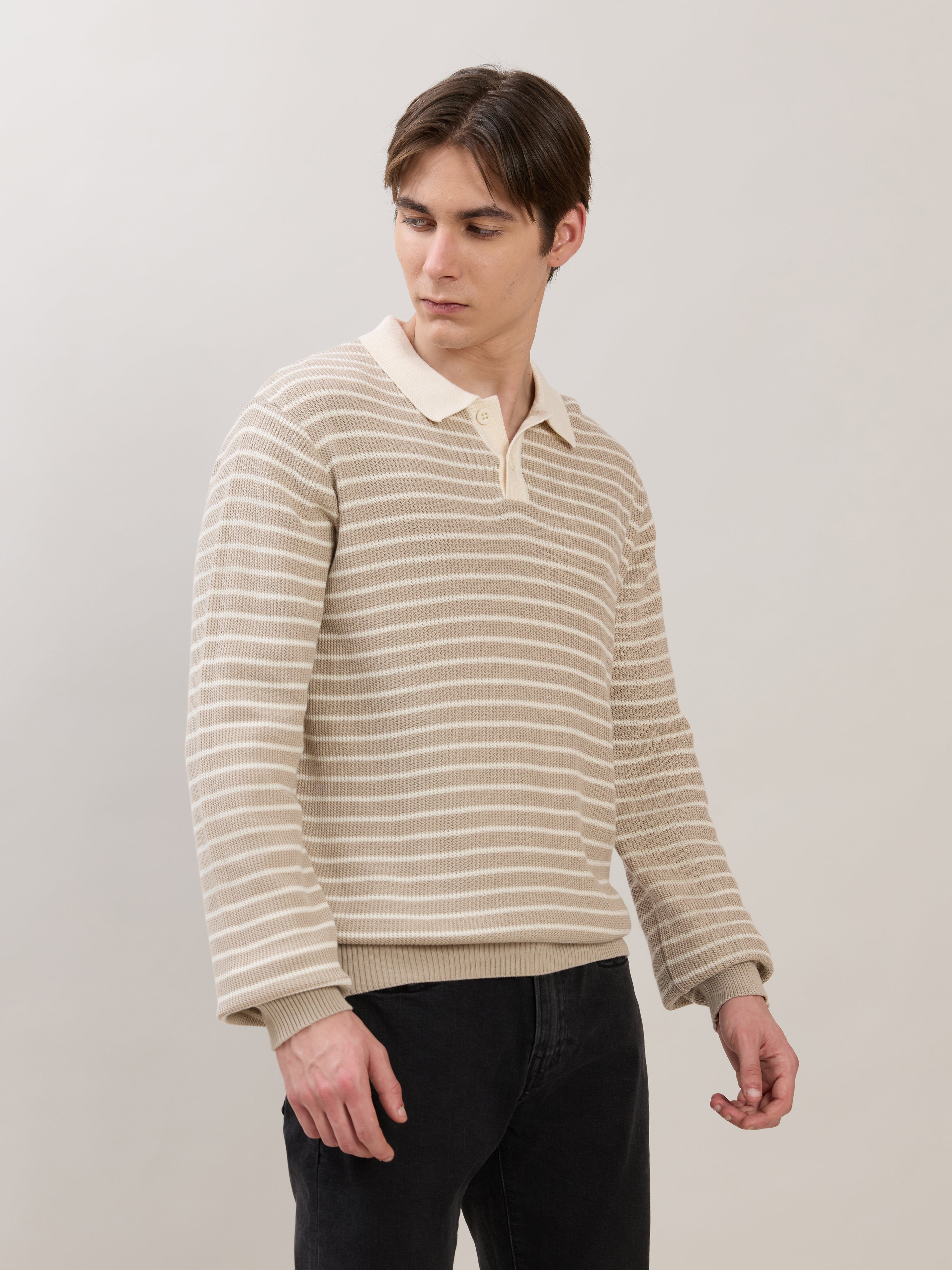 Xosio-2 - Regular Striped Knit Polo Sweater - Beige