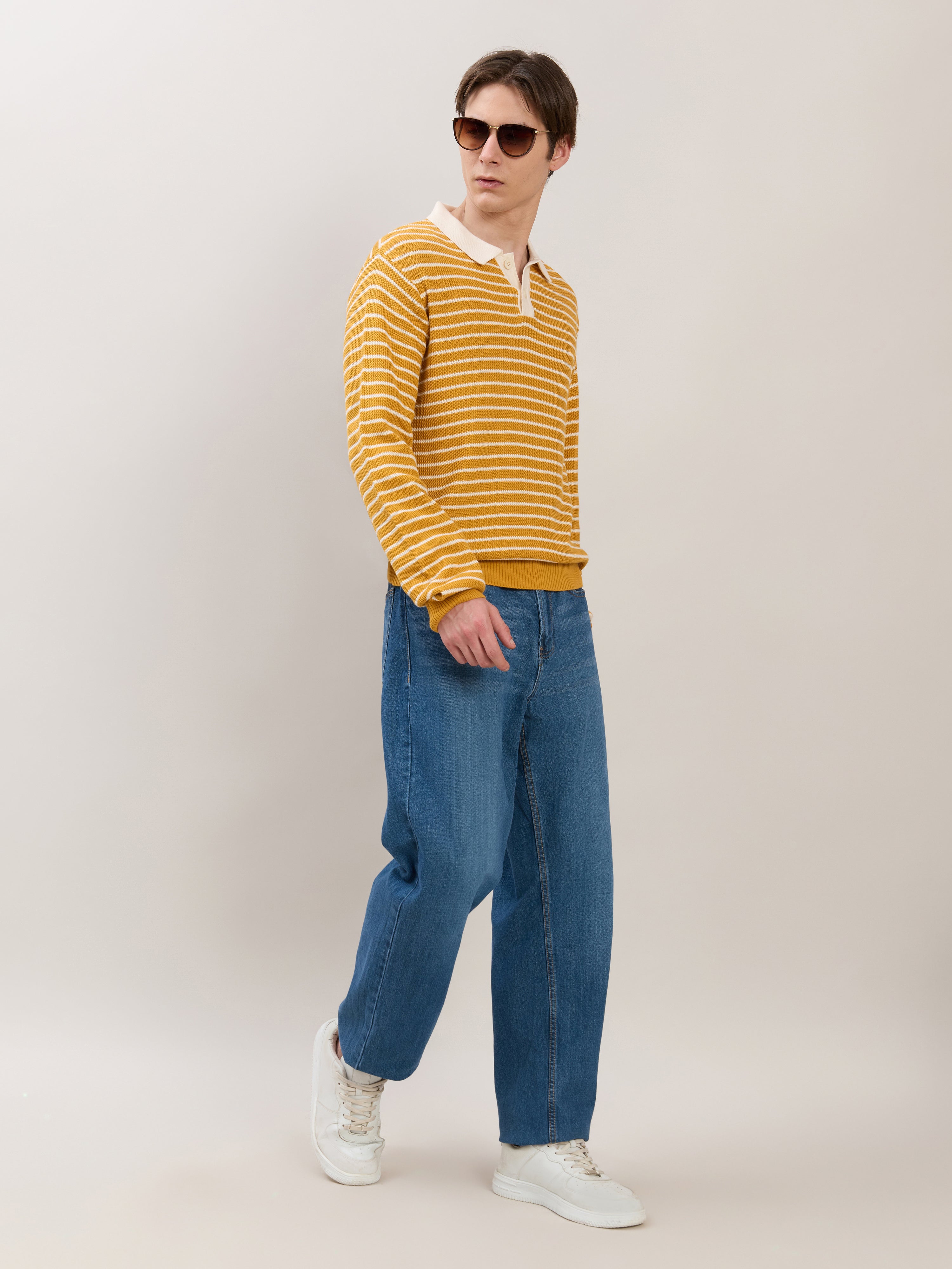 Xosio-2 - Regular Striped Knit Polo Sweater - Mustard Yellow