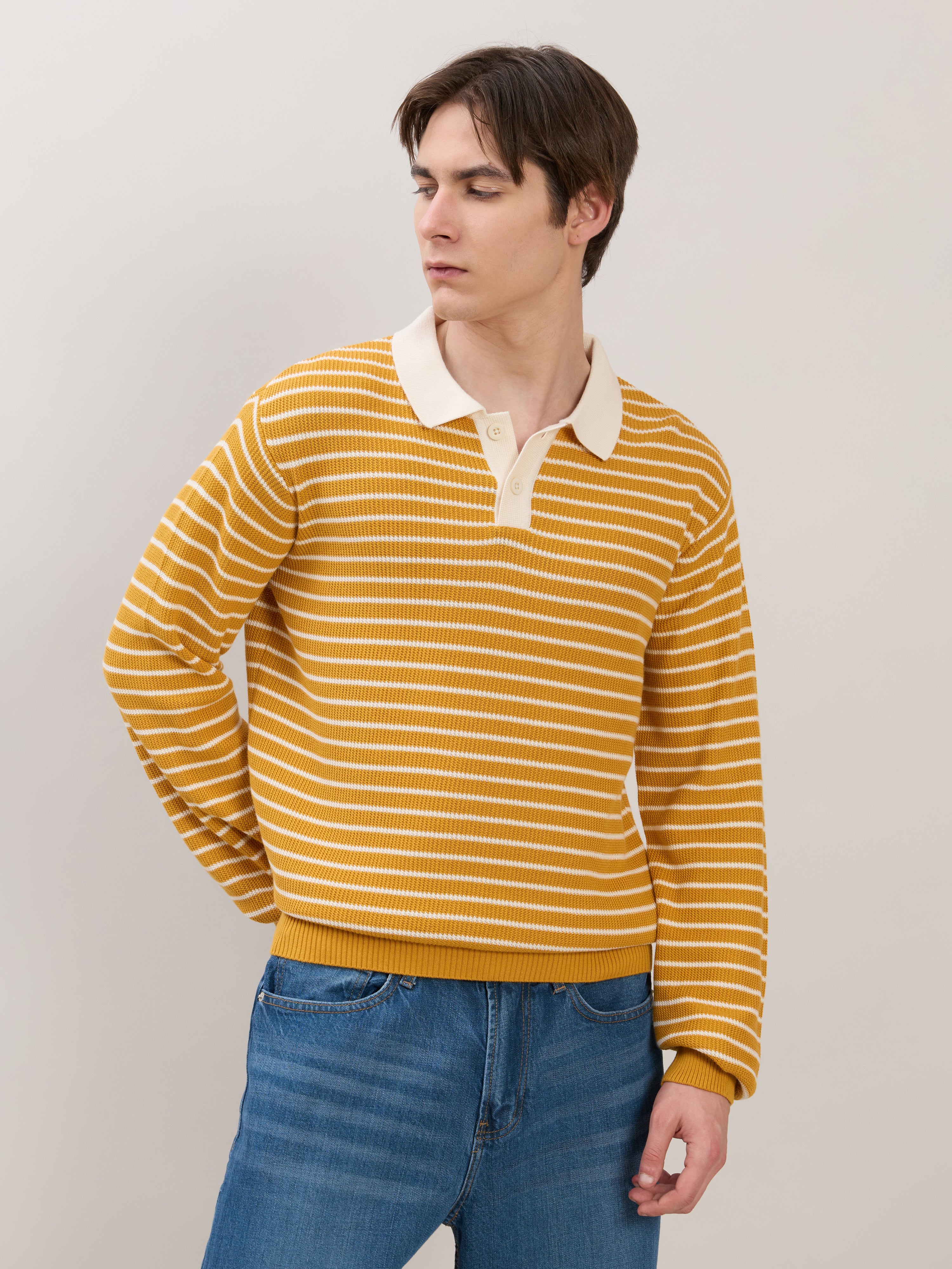 Xosio-2 - Regular Striped Knit Polo Sweater - Mustard Yellow