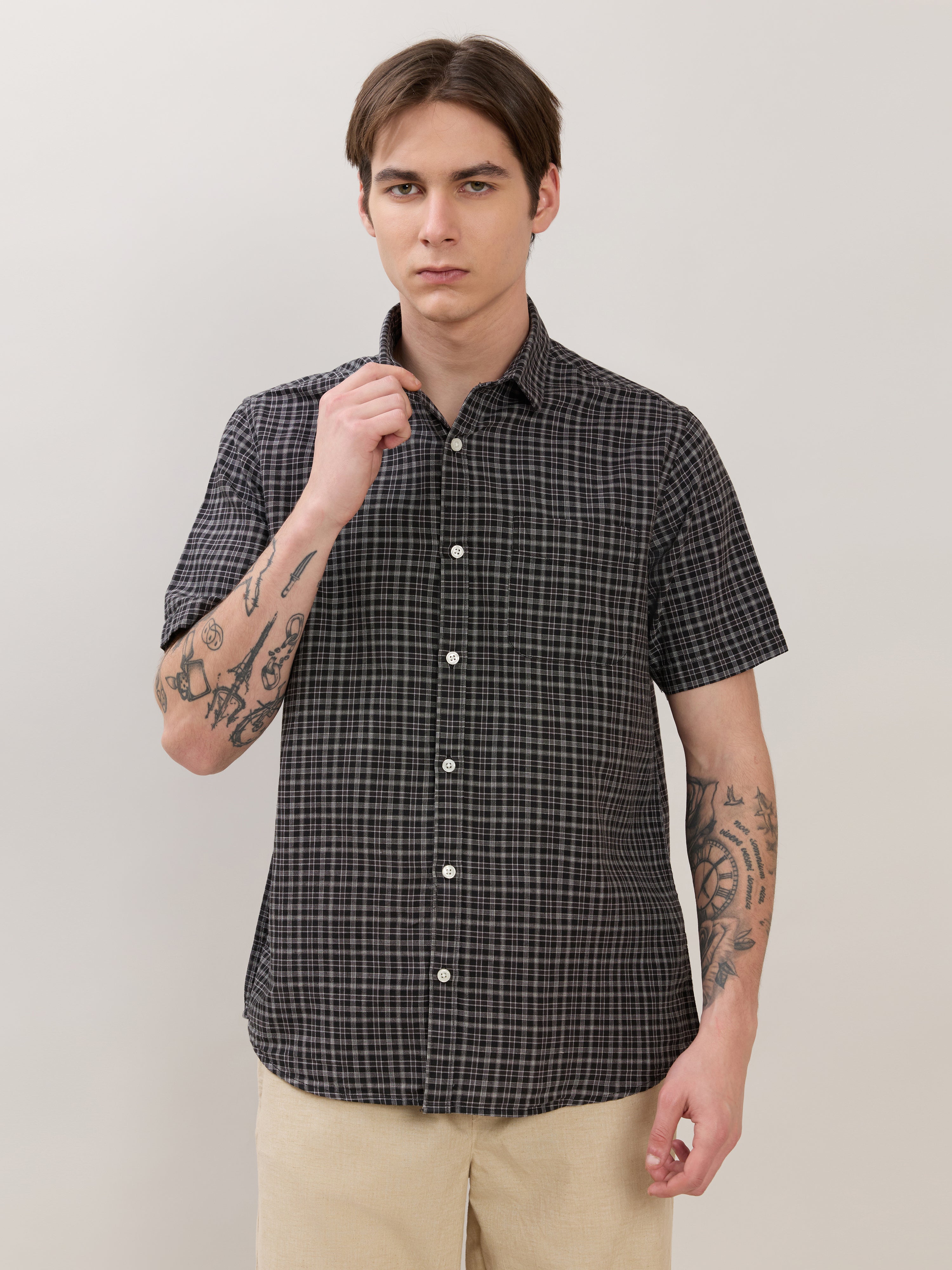Zenamo - Relaxed Fit Micro Checks Shirt - Black