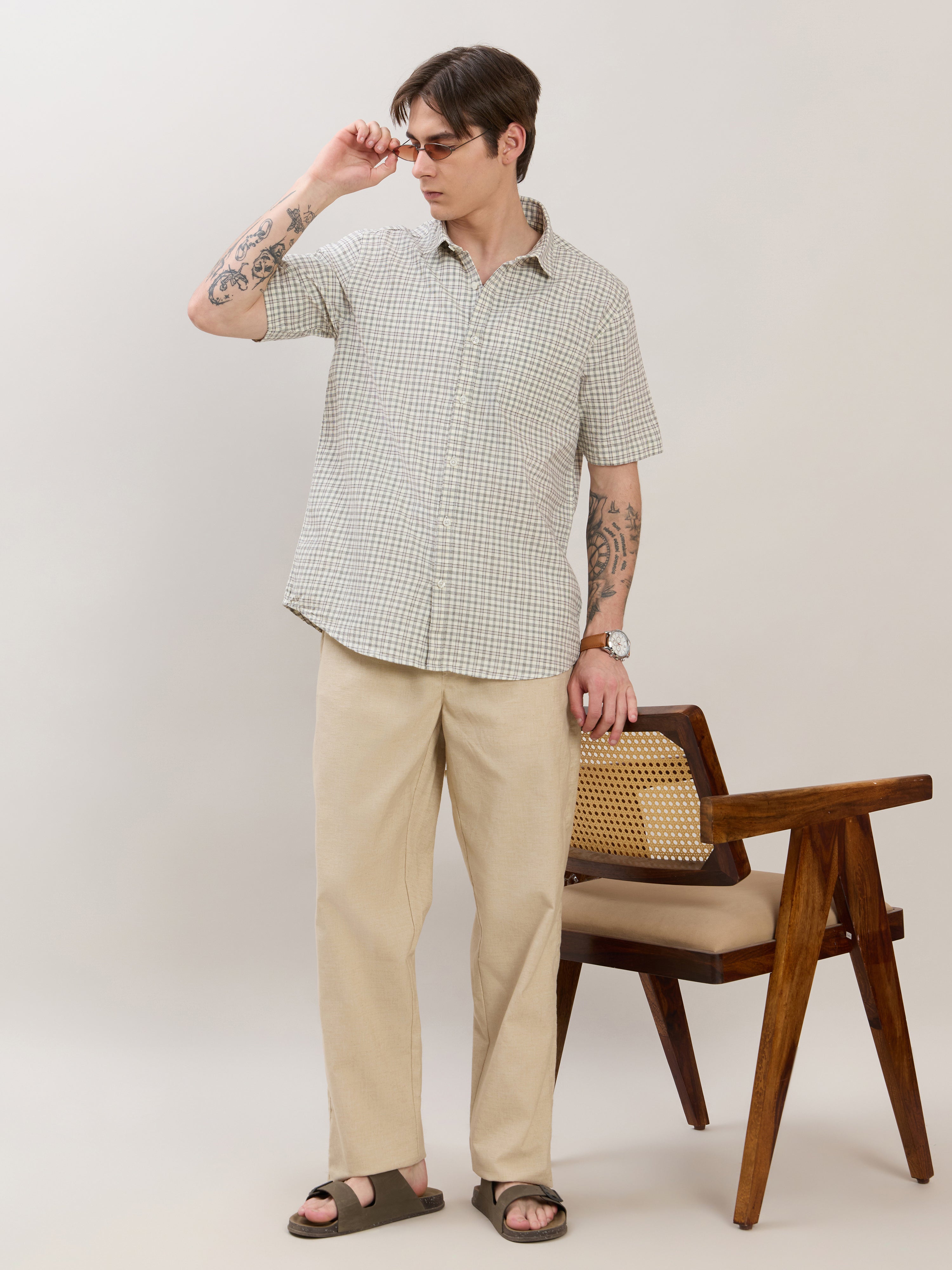 Zenamo - Relaxed Fit Micro Checks Shirt - Off White
