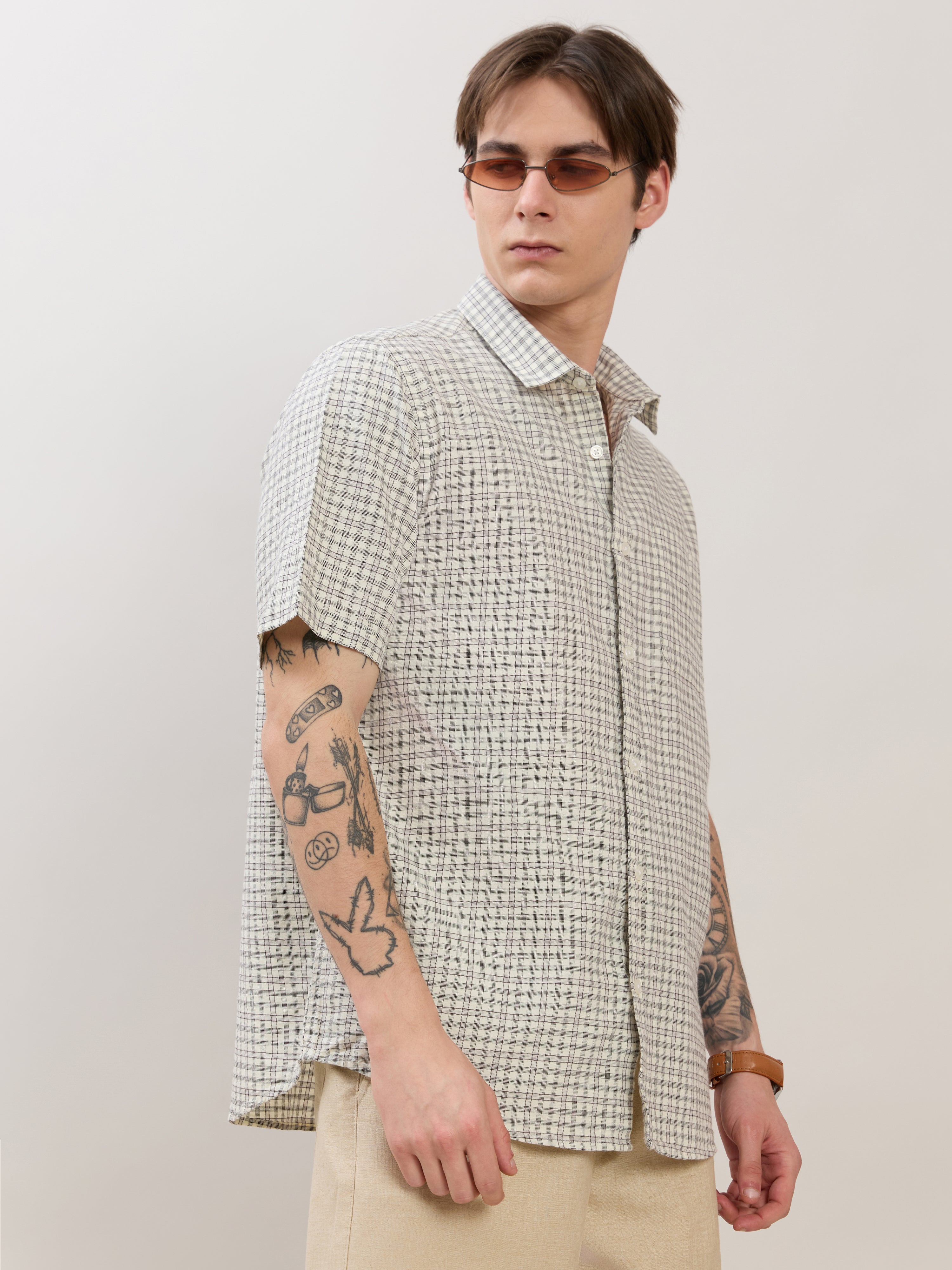 Zenamo - Relaxed Fit Micro Checks Shirt - Off White