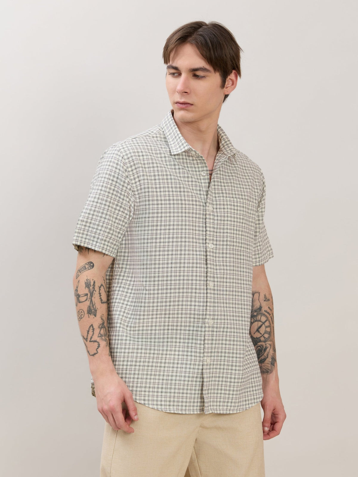 Zenamo - Relaxed Fit Micro Checks Shirt - Off White - Espanshe