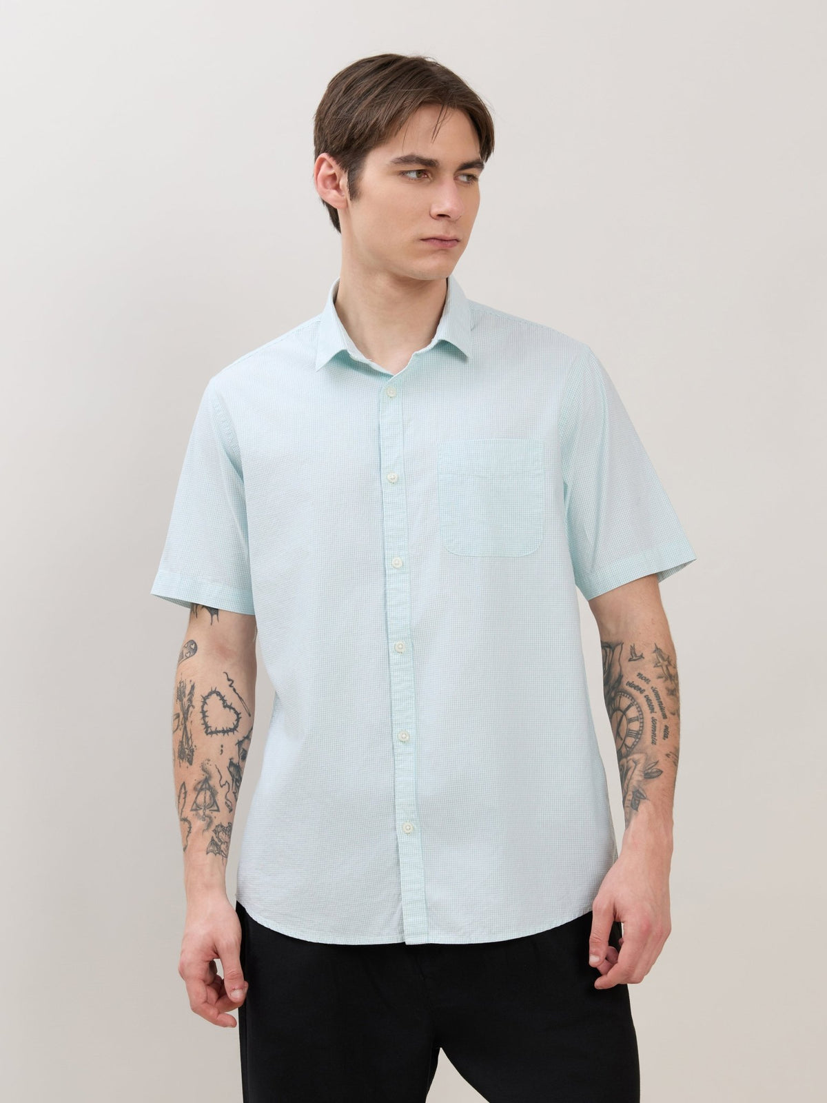 Zenamo - Relaxed Fit Micro Checks Shirt - Mint Blue - Espanshe