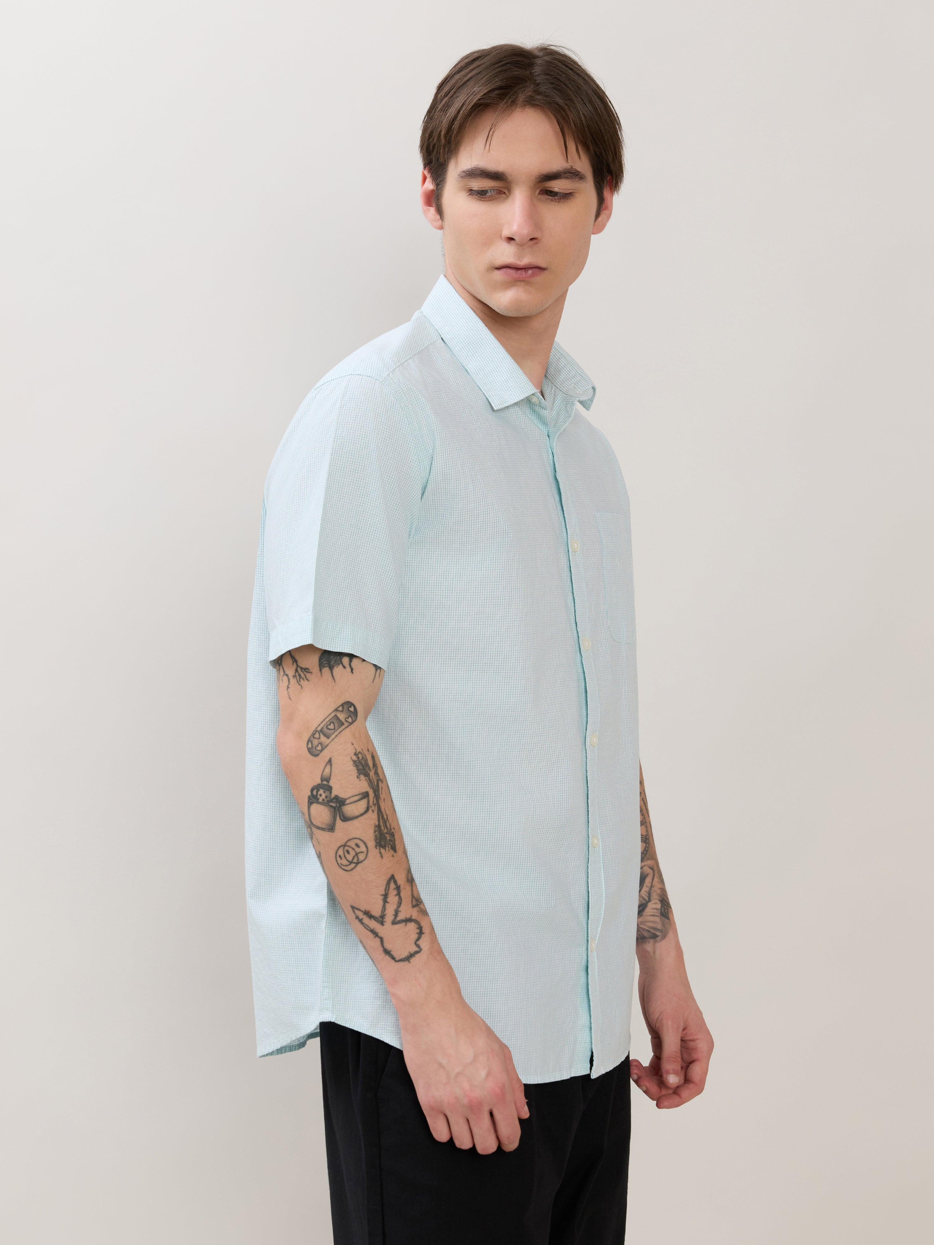 Zenamo - Relaxed Fit Micro Checks Shirt - Mint Blue