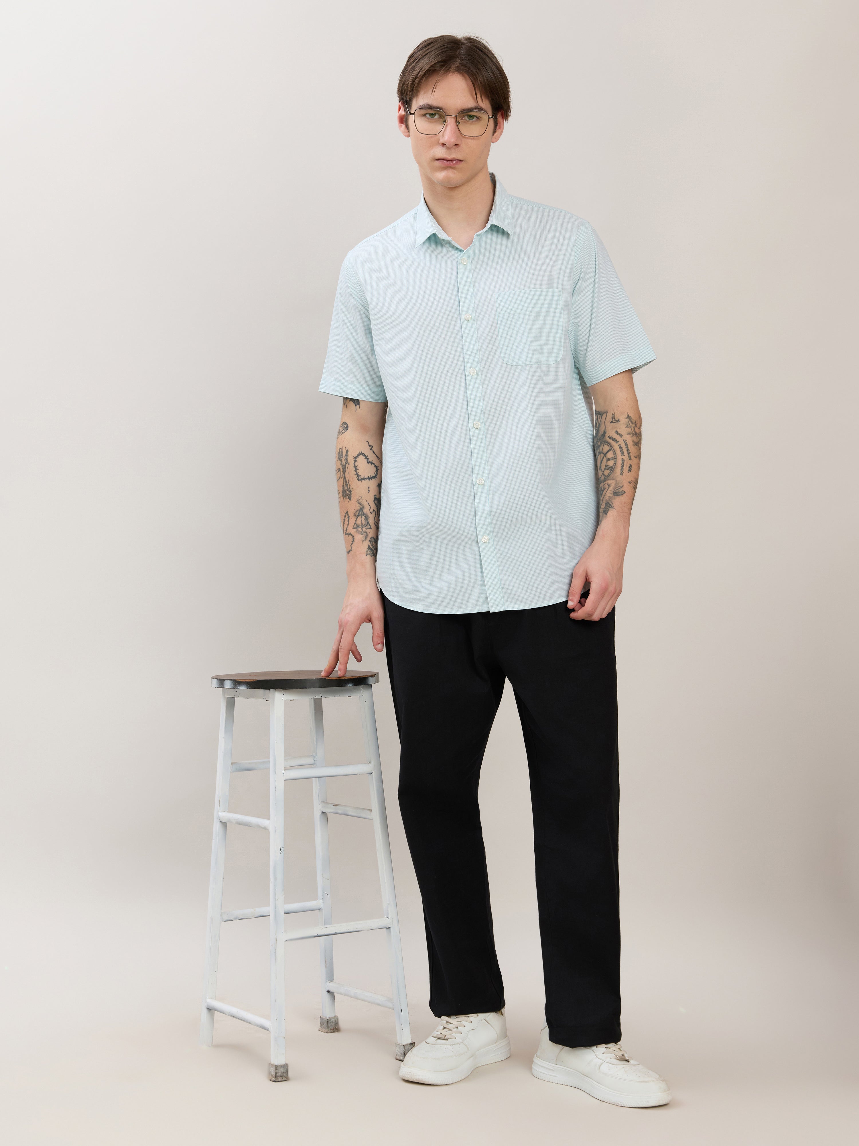 Zenamo - Relaxed Fit Micro Checks Shirt - Mint Blue