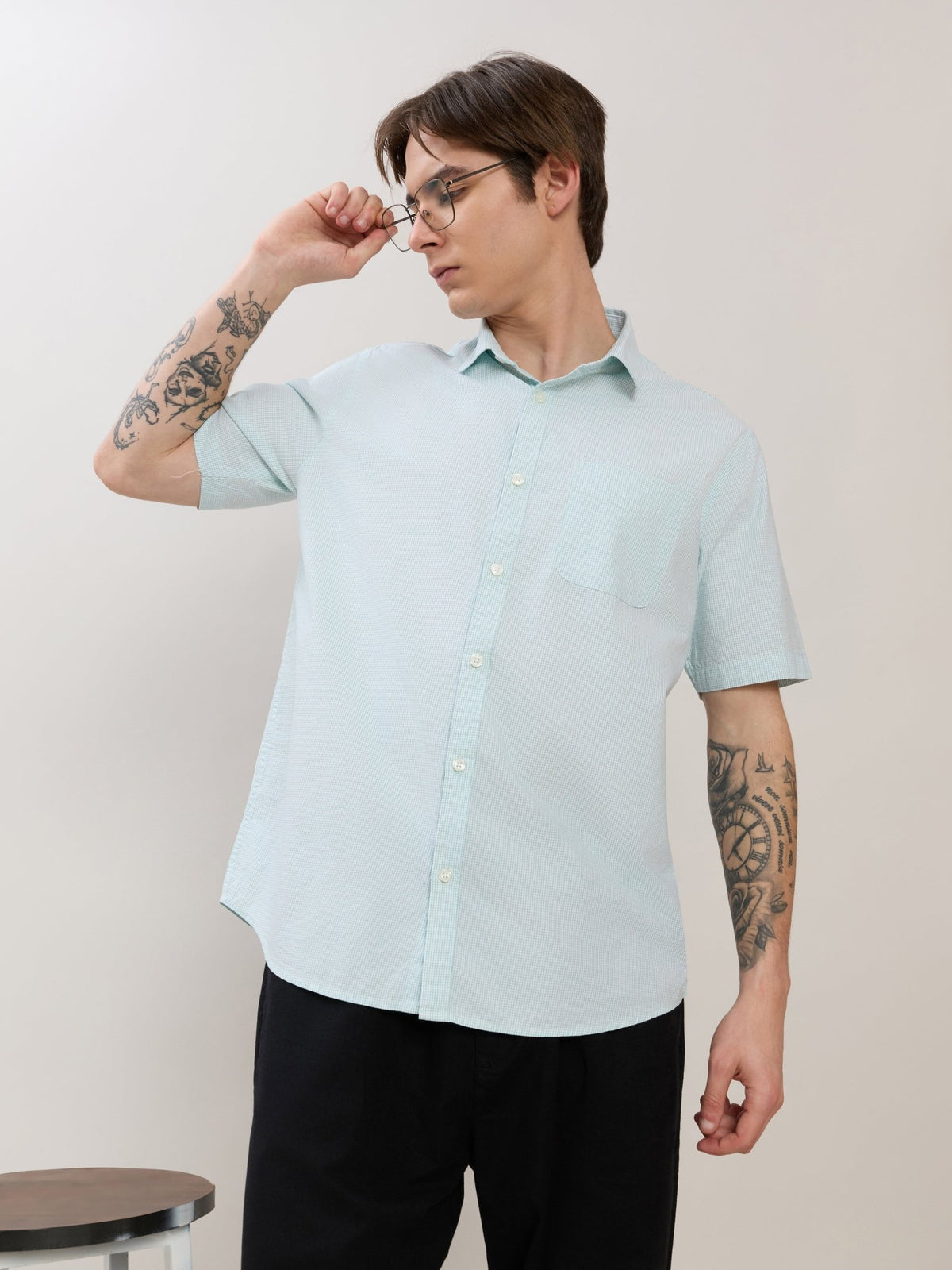 Zenamo - Relaxed Fit Micro Checks Shirt - Mint Blue - Espanshe