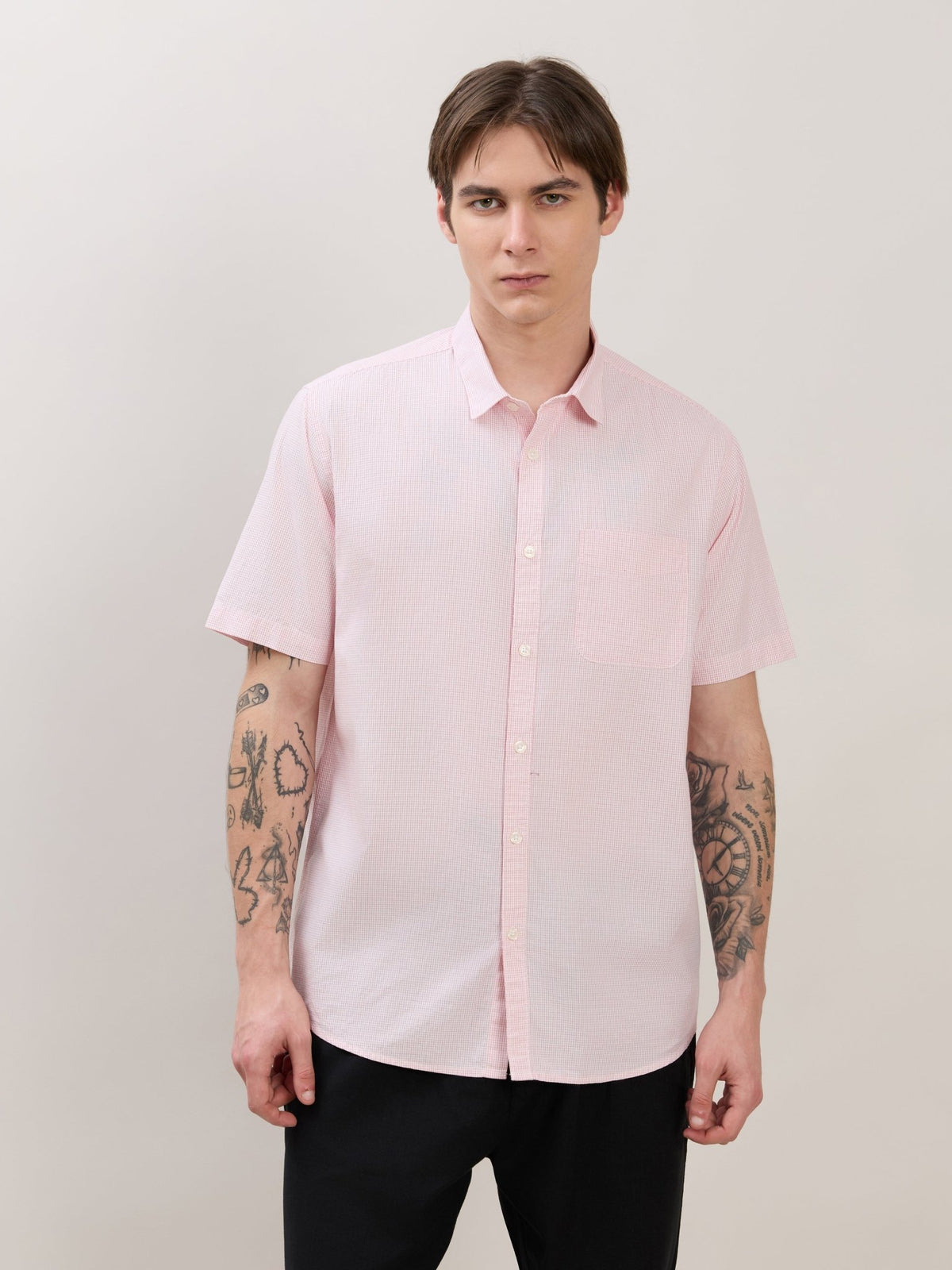 Zenamo - Relaxed Fit Micro Checks Shirt - Light Pink - Espanshe