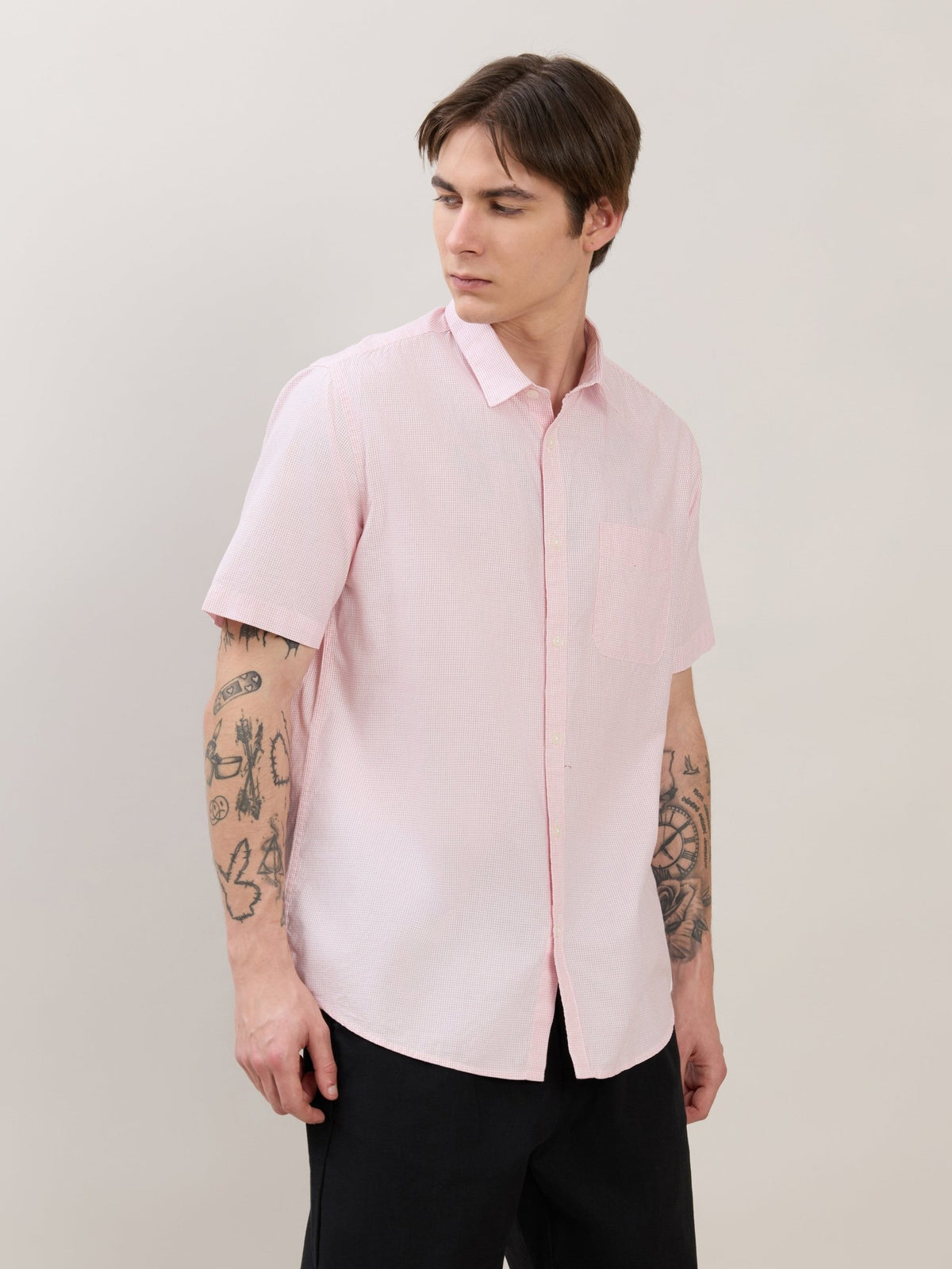 Zenamo - Relaxed Fit Micro Checks Shirt - Light Pink - Espanshe