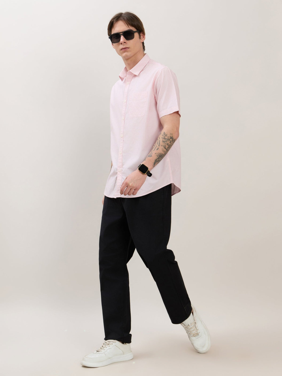 Zenamo - Relaxed Fit Micro Checks Shirt - Light Pink - Espanshe