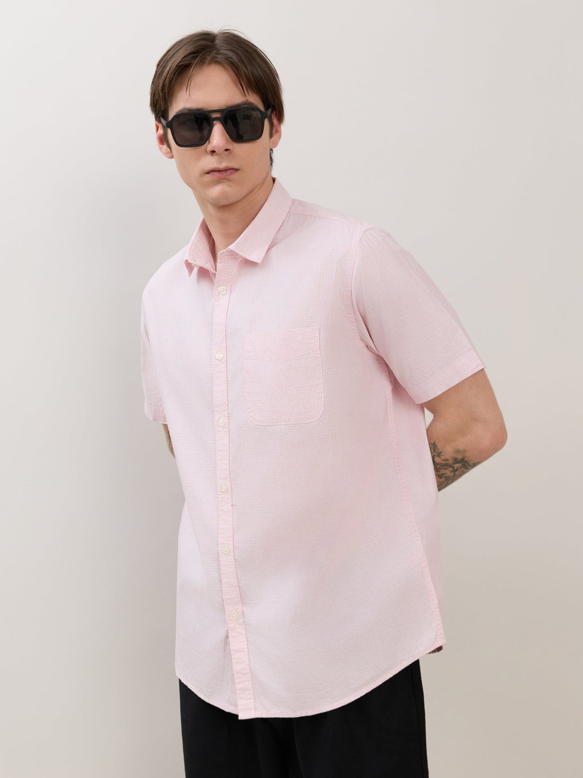 Zenamo - Relaxed Fit Micro Checks Shirt - Light Pink - Espanshe