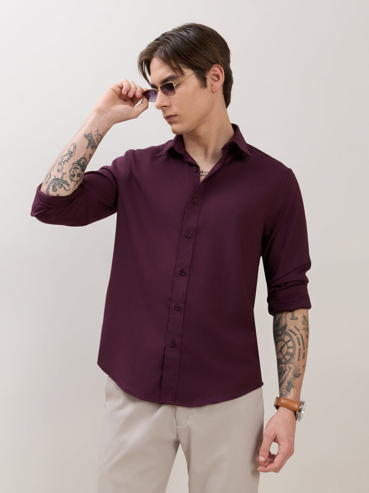 Zero - Relaxed Fit Plain Shirt - Maroon - Espanshe