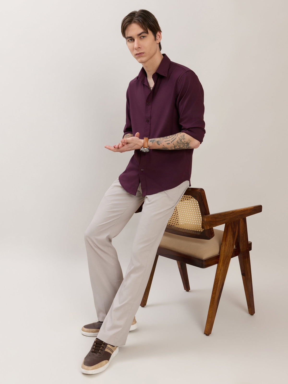 Zero - Relaxed Fit Plain Shirt - Maroon - Espanshe